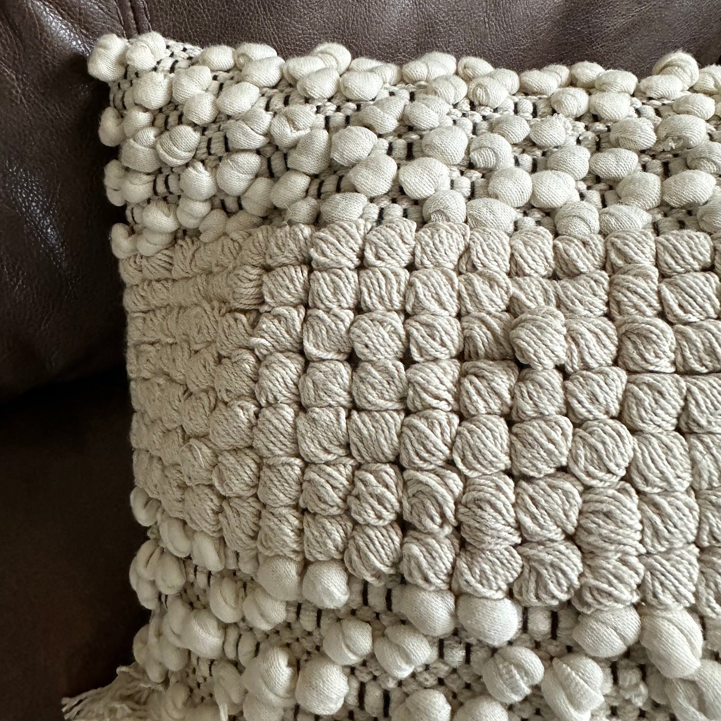 Maxlume ~ 16x16 Beige Boho Cushion, Woven Wool Cover, Plait Detail, Braided Pillow, Comes Filled