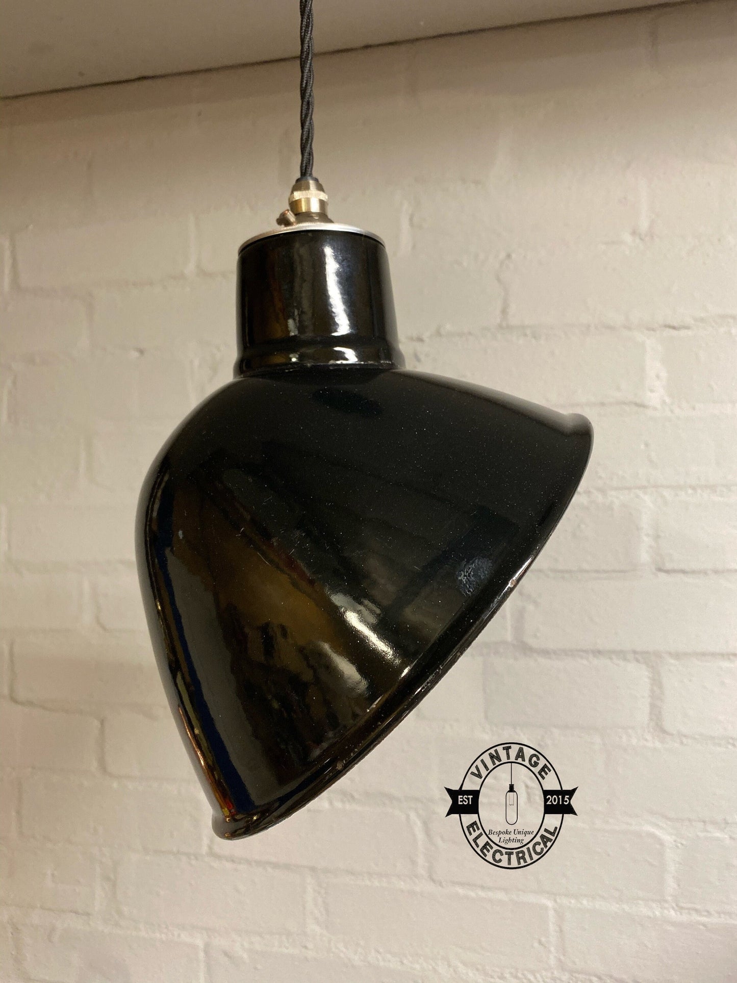 Stratton ~ Midnight Black Parabolic Angled Shade Pendant Set Light | Ceiling Dining Room 1950’s Thorlux Style | Vintage Edison Bulb Lamp