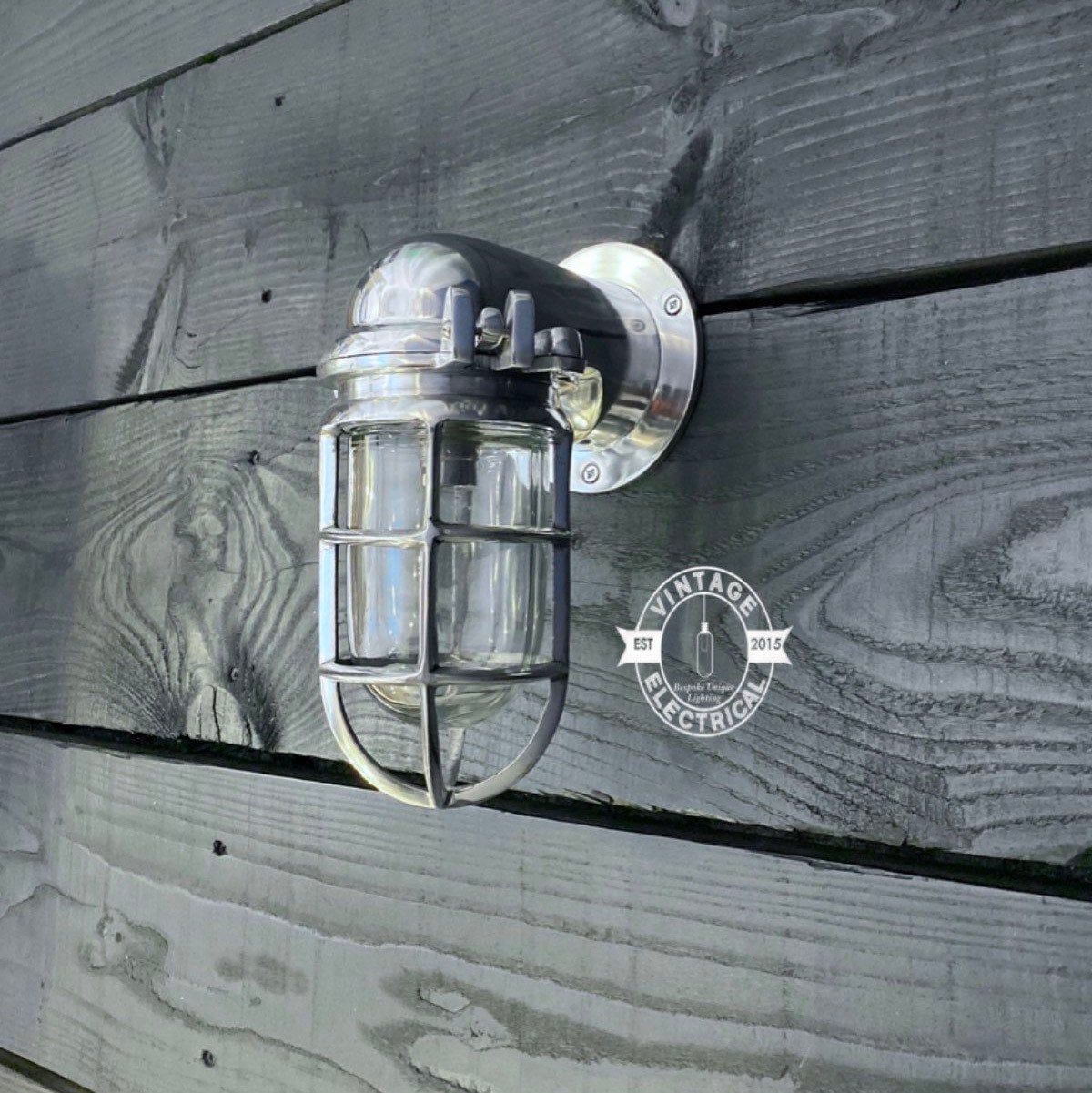 Happisburgh ~ Solid Polished Nickel Caged Bulkhead Industrial Wall Light | Bathroom | Outdoor Garden | Vintage 1 x Edison Filament Bulb