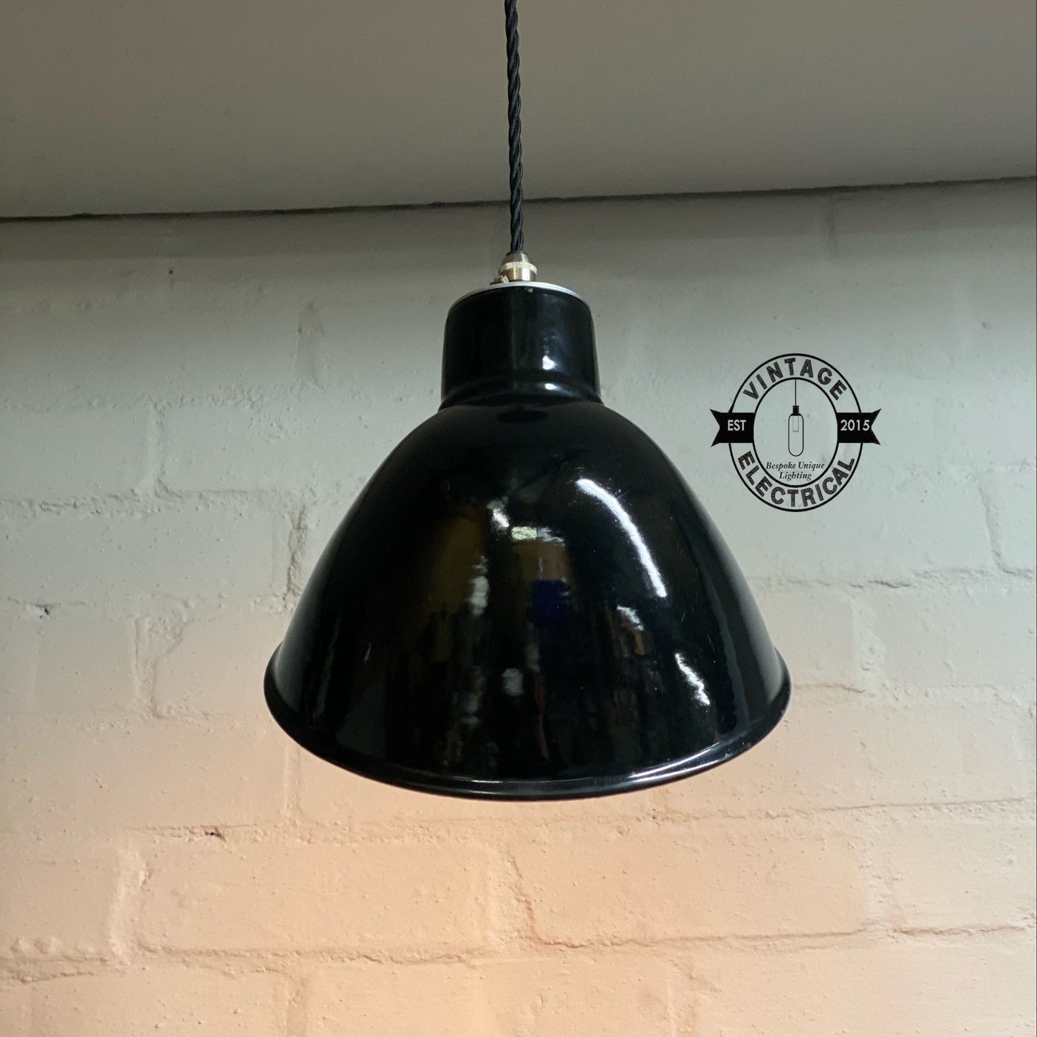 Stratton ~ Midnight Black Parabolic Angled Shade Pendant Set Light | Ceiling Dining Room 1950’s Thorlux Style | Vintage Edison Bulb Lamp