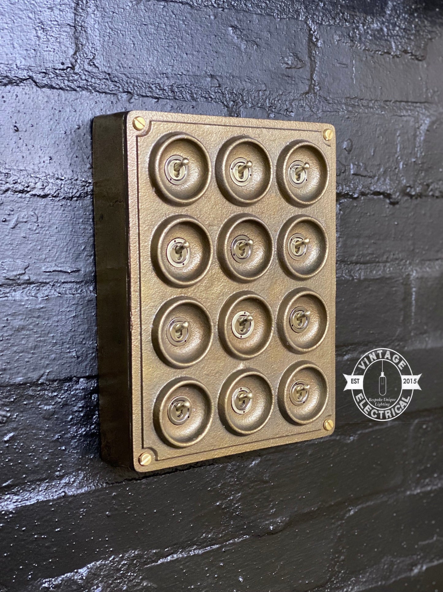 12 Gang 2 Way Bronze Solid Cast Metal Light Switch Industrial - BS EN Approved Vintage Crabtree 1950’s Style