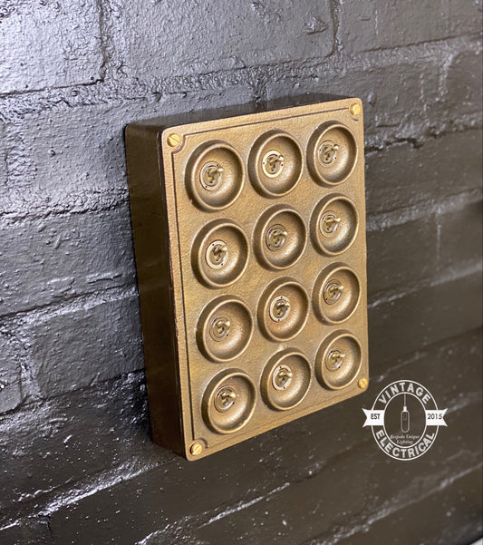 12 Gang 2 Way Bronze Solid Cast Metal Light Switch Industrial - BS EN Approved Vintage Crabtree 1950’s Style