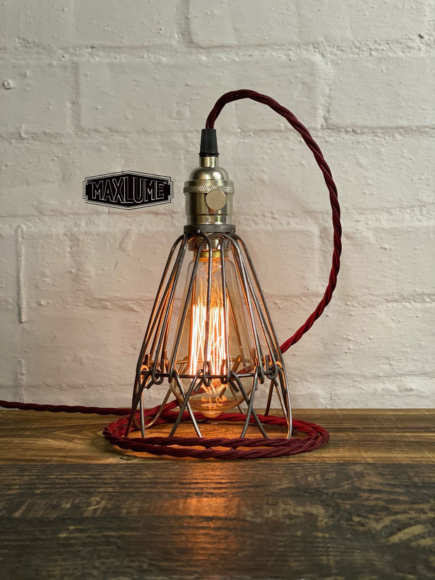 Hemsby ~ Raw Steel Cage Bedside Lamp | Fabric Cable | Bedroom | Table Light | Vintage Retro 1 x Edison Filament Bulb