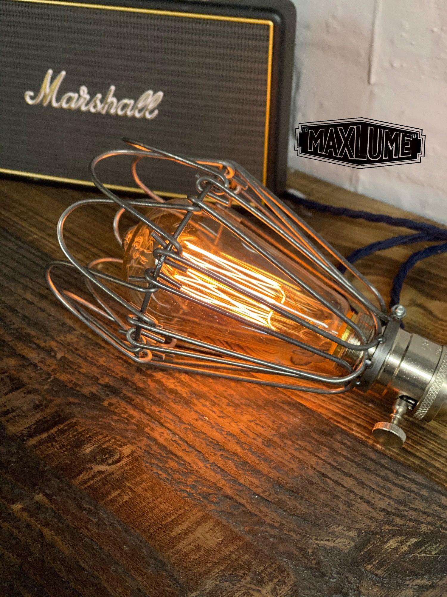 Hemsby ~ Raw Steel Cage Bedside Lamp | Fabric Cable | Bedroom | Table Light | Vintage Retro 1 x Edison Filament Bulb