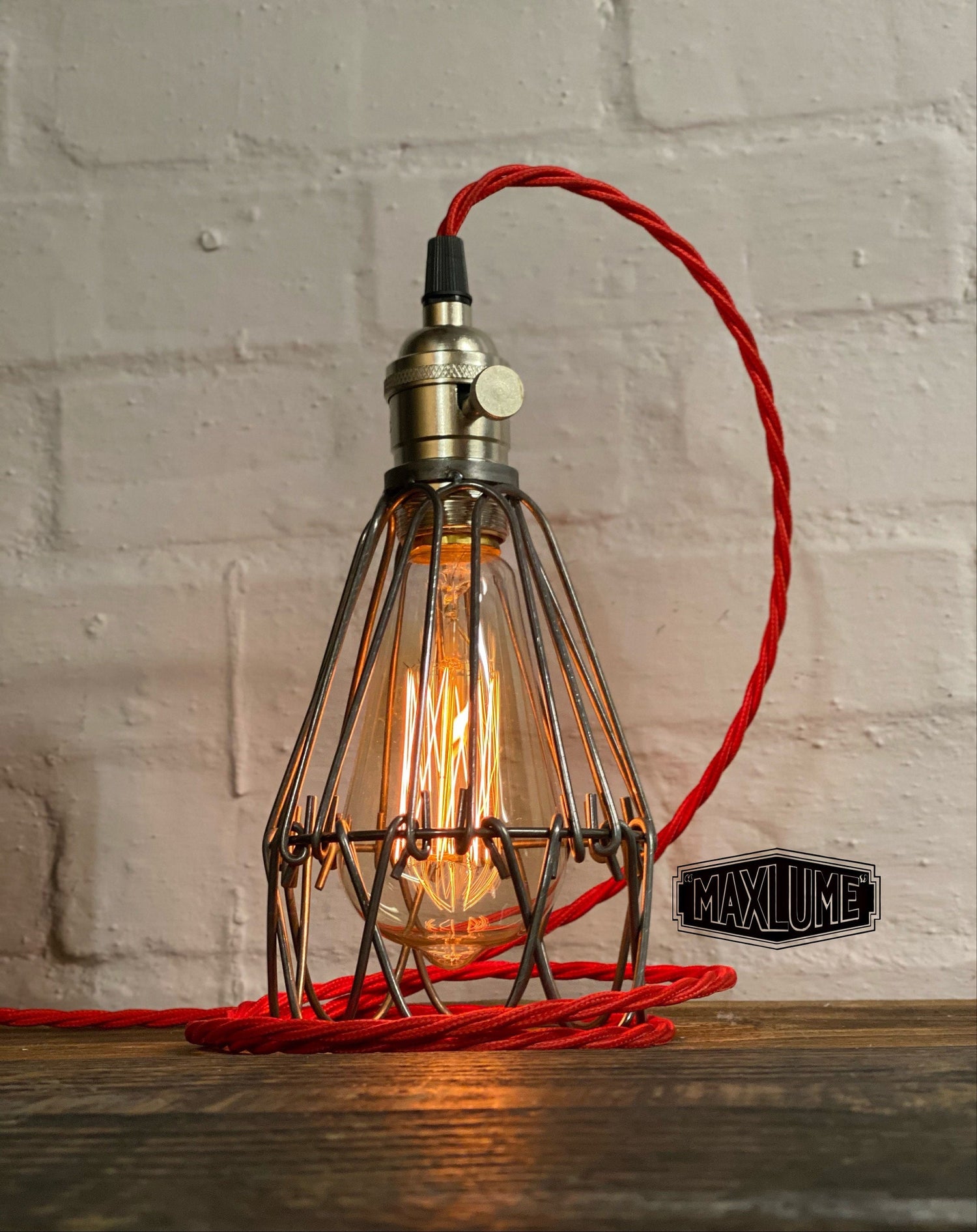 Hemsby ~ Raw Steel Cage Bedside Lamp | Fabric Cable | Bedroom | Table Light | Vintage Retro 1 x Edison Filament Bulb