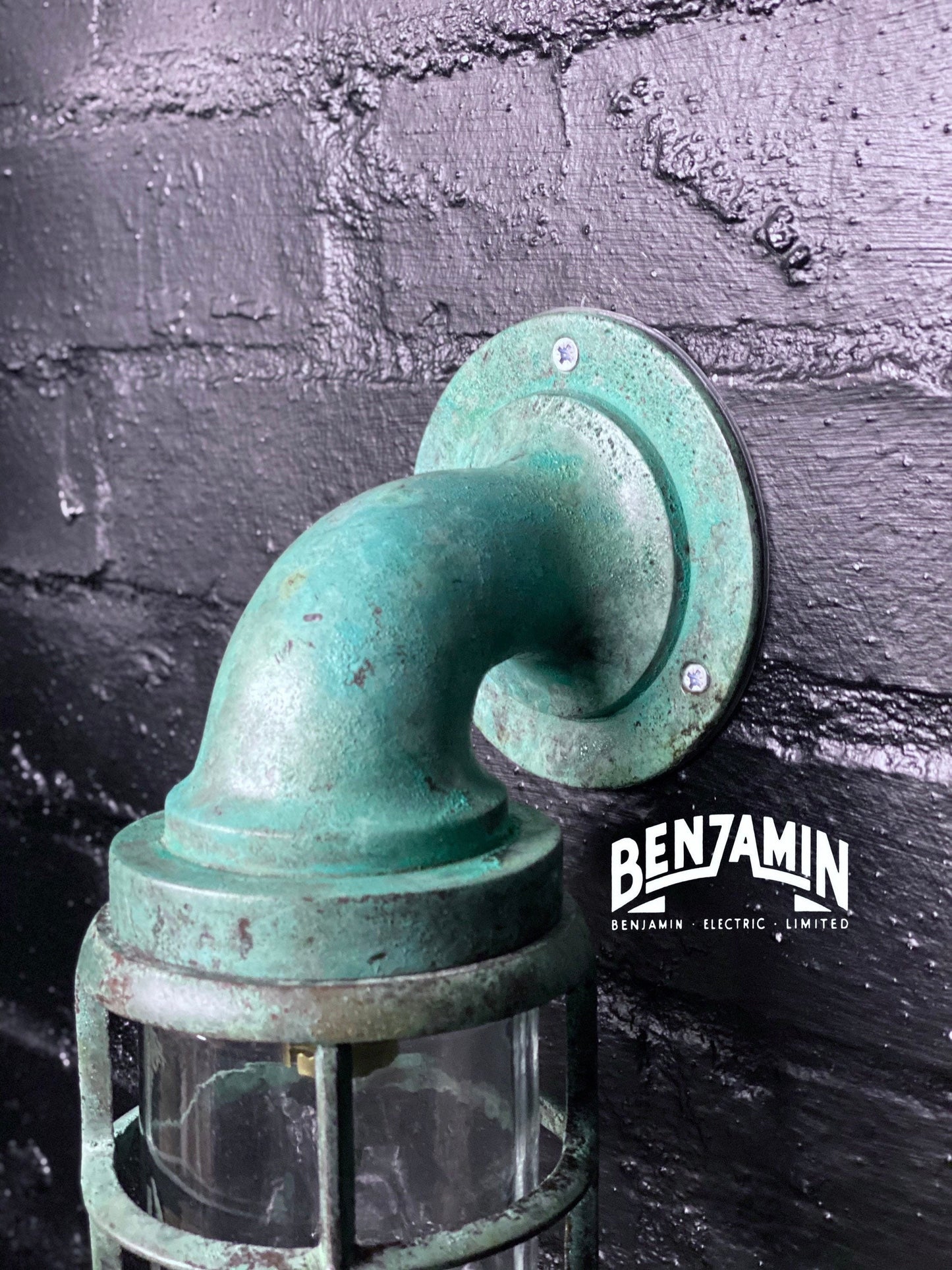 Beachamwell ~ Solid Brass Verdigris Caged Bulkhead Industrial Wall Light | Bathroom | Outdoor Garden | Vintage 1 x Edison Filament Bulb