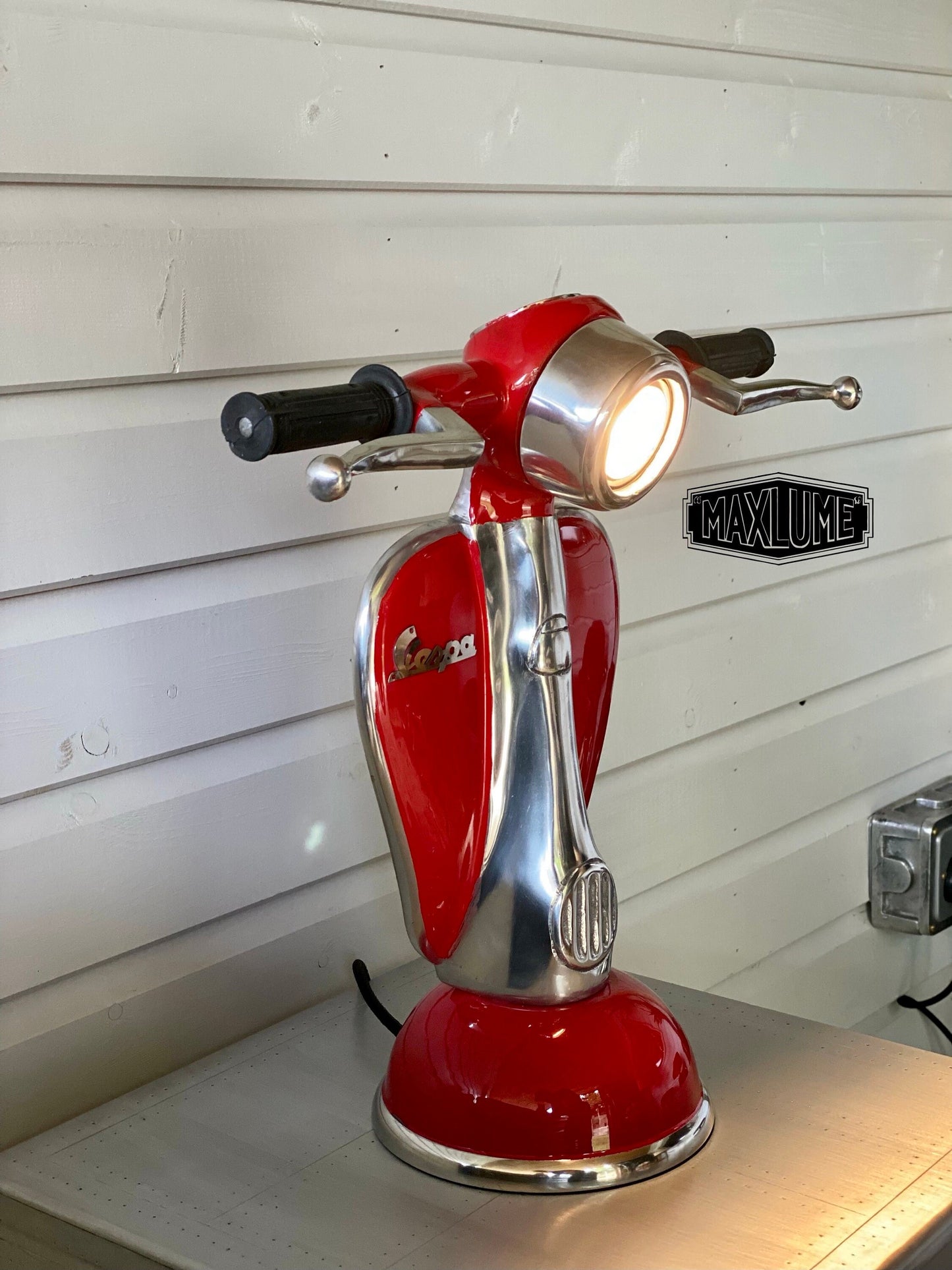 Maxlume ~ Red Scooter Table Lamp Vintage Style | Fabric Cable | Bedroom | Bedside Reading Light | Retro | Dimmable LED Bulb