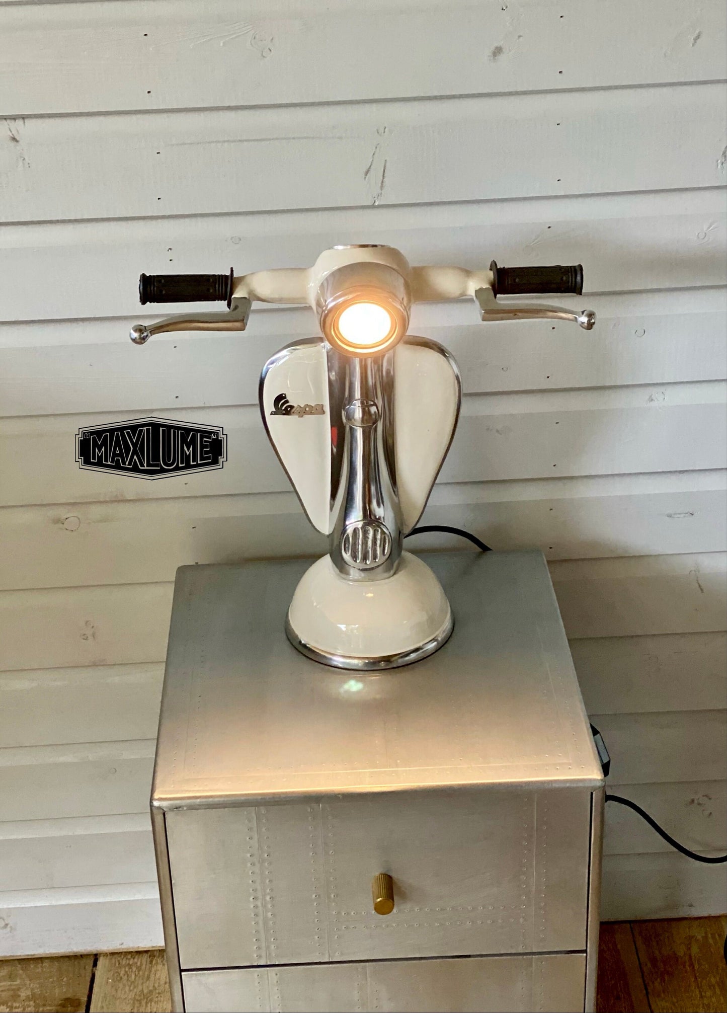 Maxlume ~ White Vespa Scooter Table Lamp Vintage Style | Fabric Cable | Bedroom | Bedside Reading Light | Retro | Dimmable LED Bulb