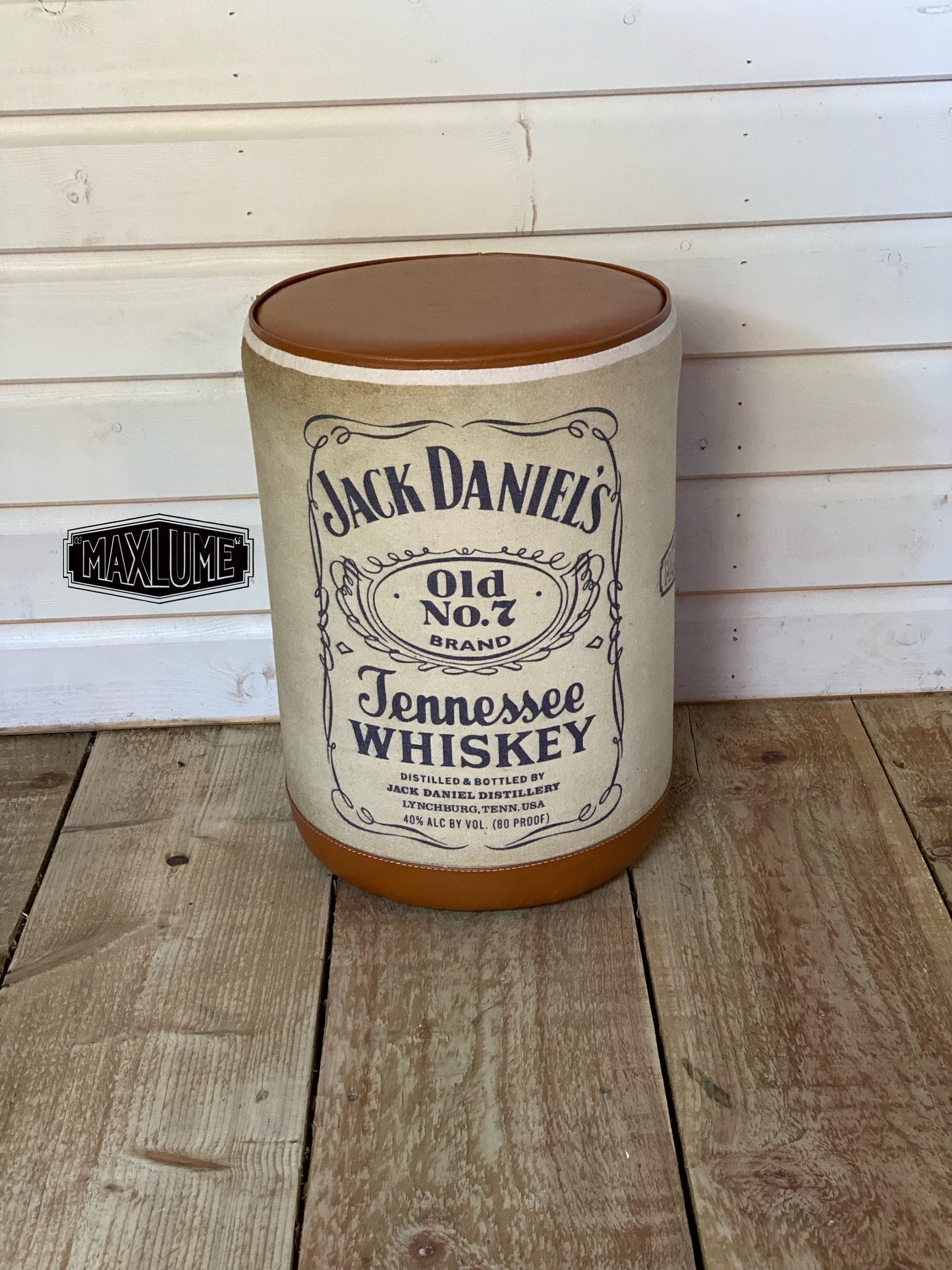 Maxlume ~ ‘Jack Daniels’ Pouf Solid Base Genuine Leather | Vintage Map Style | Floor Standing | Man Cave Stool