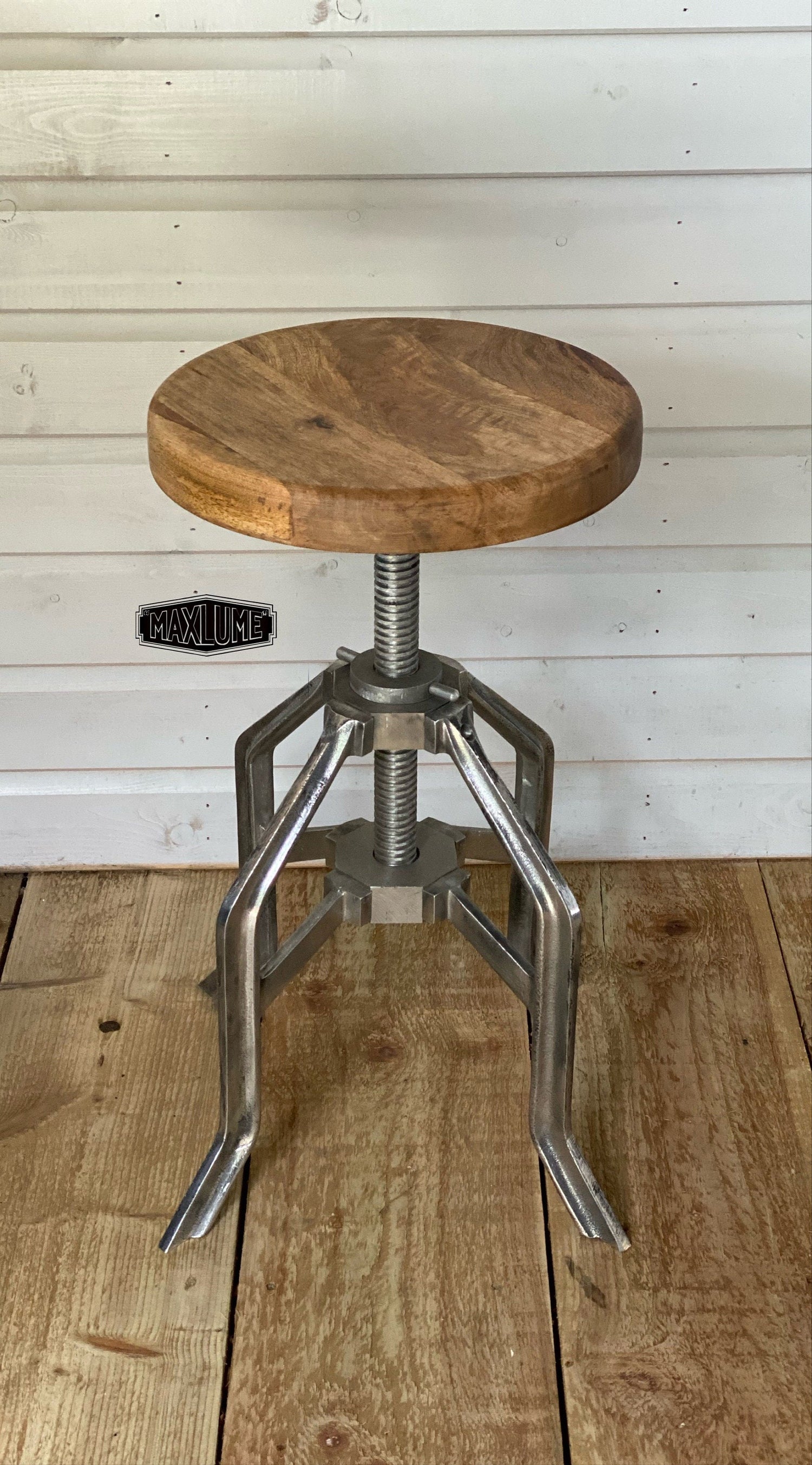 Maxlume ~ Industrial Wooden Top Bar Stool | Vintage Style | Solid Cast Metal | Floor Standing