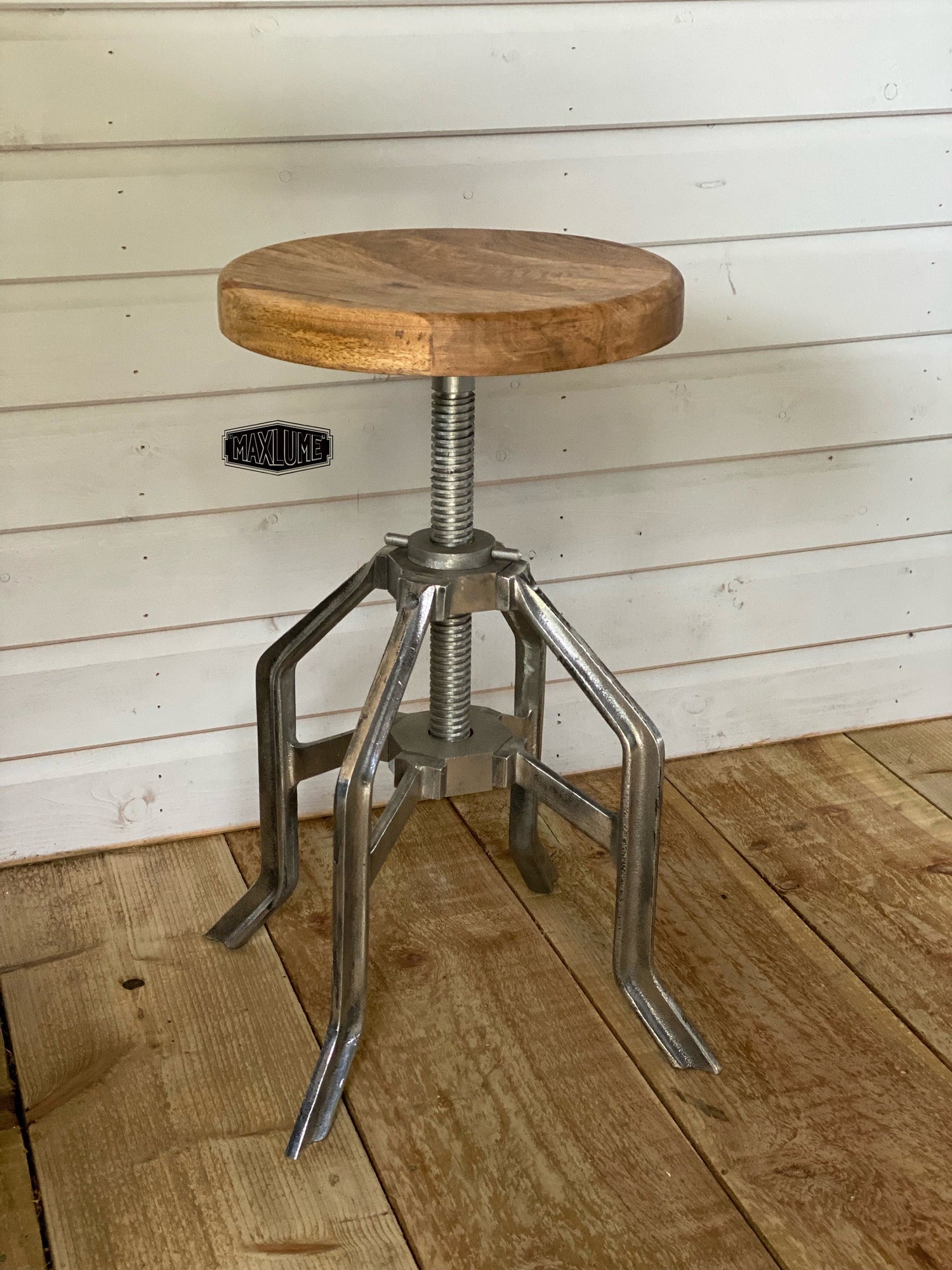 Maxlume ~ Industrial Wooden Top Bar Stool | Vintage Style | Solid Cast Metal | Floor Standing