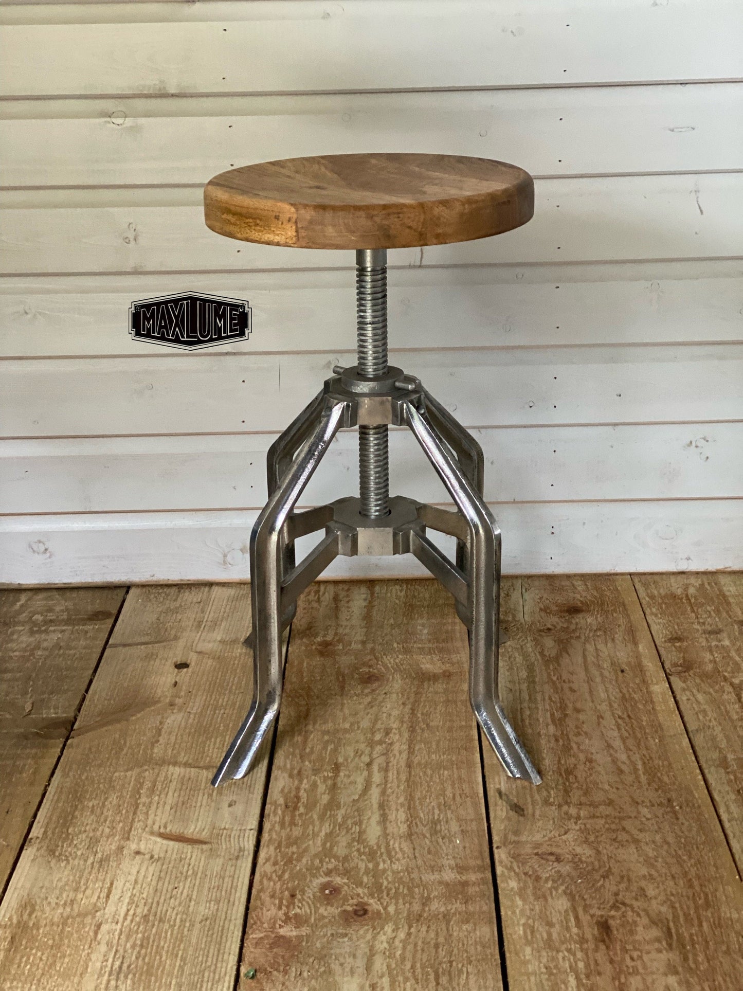 Maxlume ~ Industrial Wooden Top Bar Stool | Vintage Style | Solid Cast Metal | Floor Standing