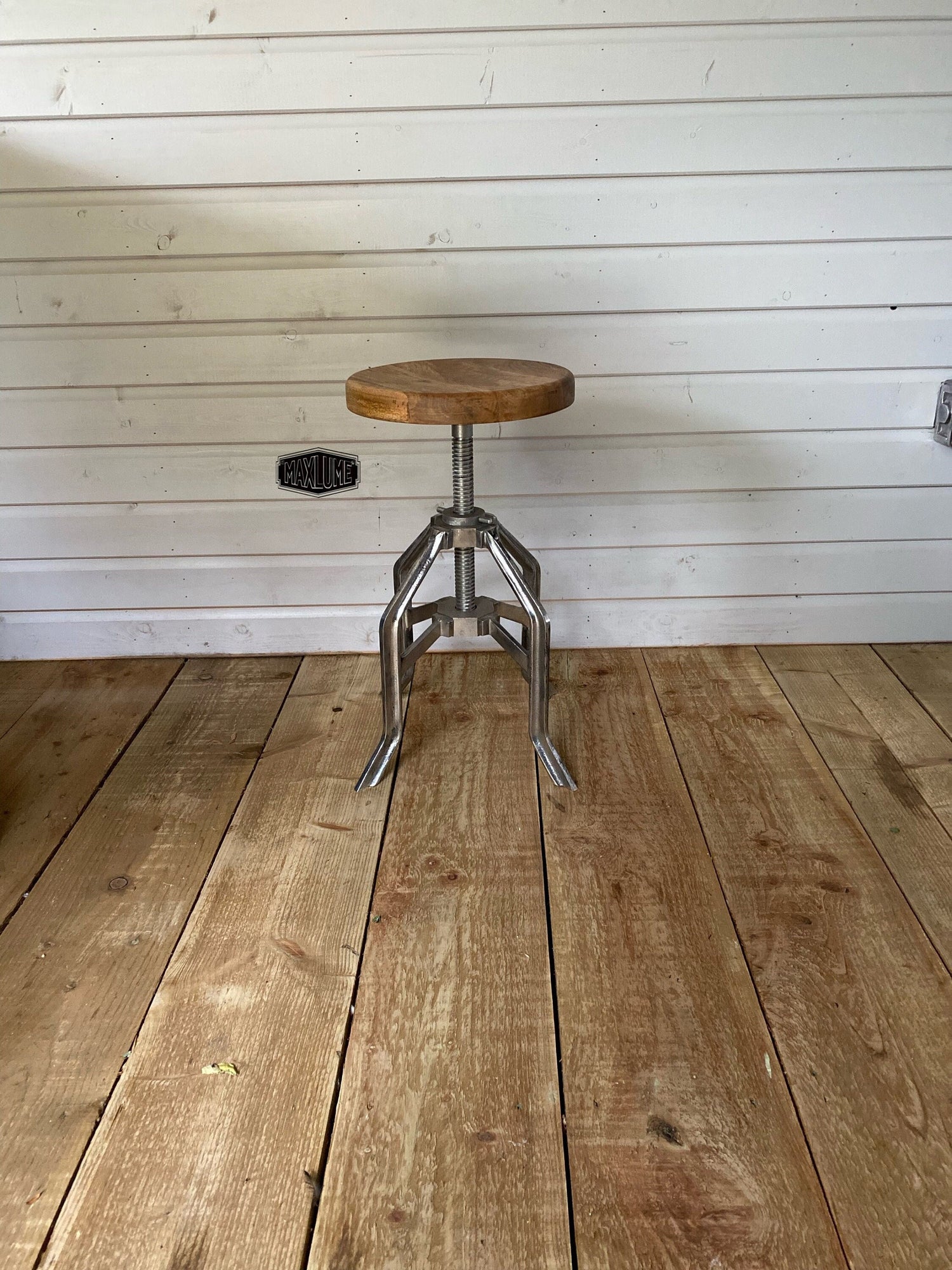 Maxlume ~ Industrial Wooden Top Bar Stool | Vintage Style | Solid Cast Metal | Floor Standing