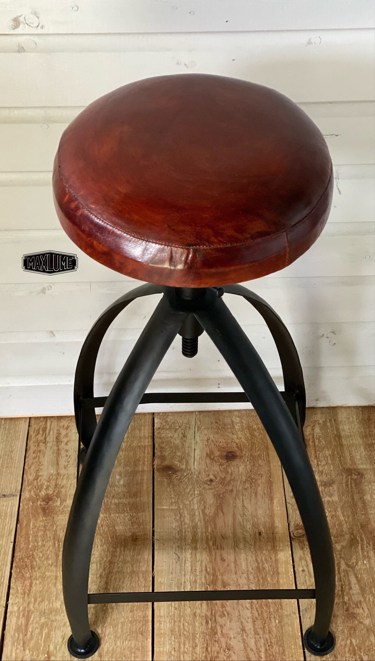 Maxlume ~ Black Industrial Leather Bar Stool | Vintage Style | Solid Cast Metal | Floor Standing