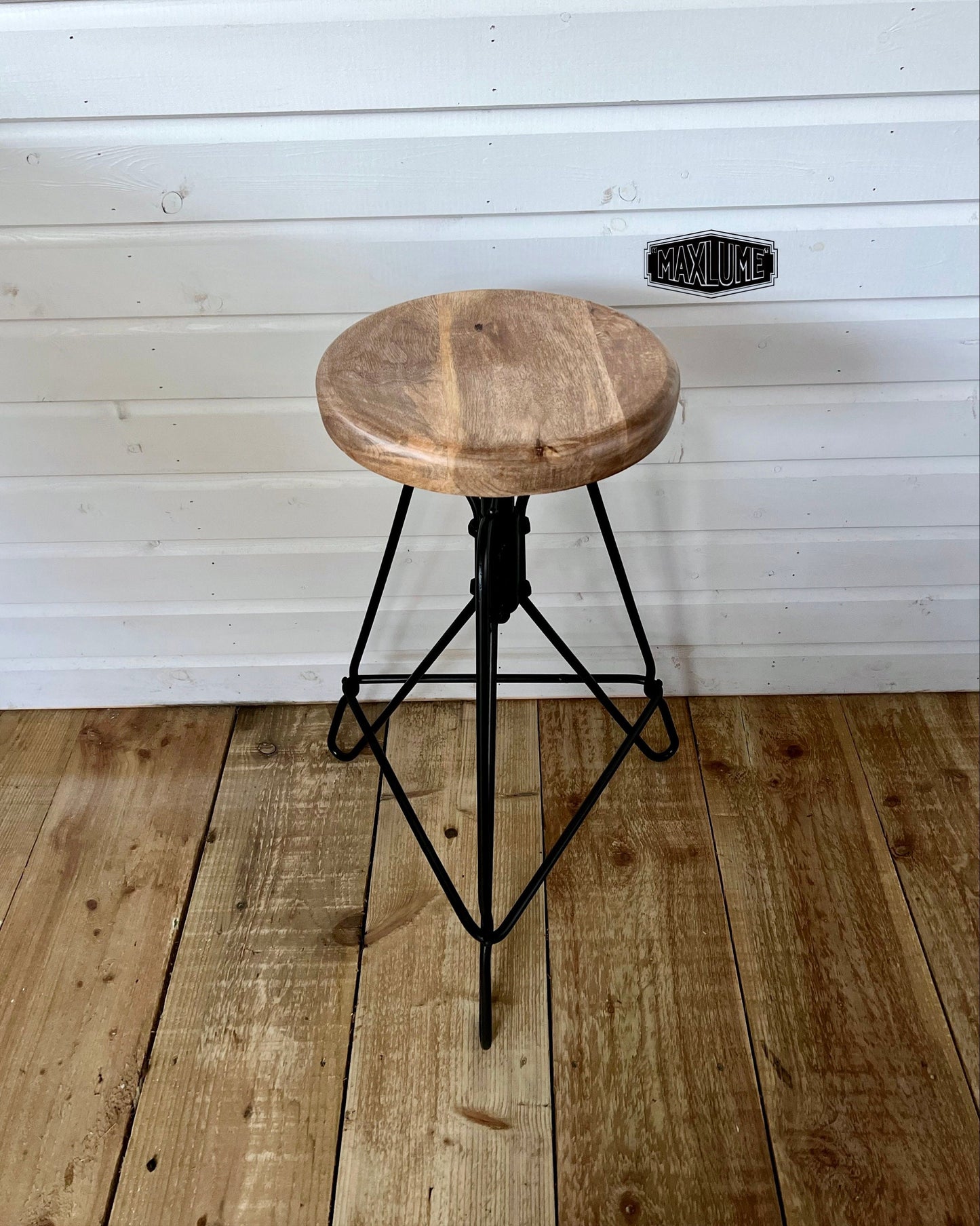 Maxlume ~ Industrial Solid Bar Stool Wood Base | Vintage Style | Solid Steel Metal | Floor Standing