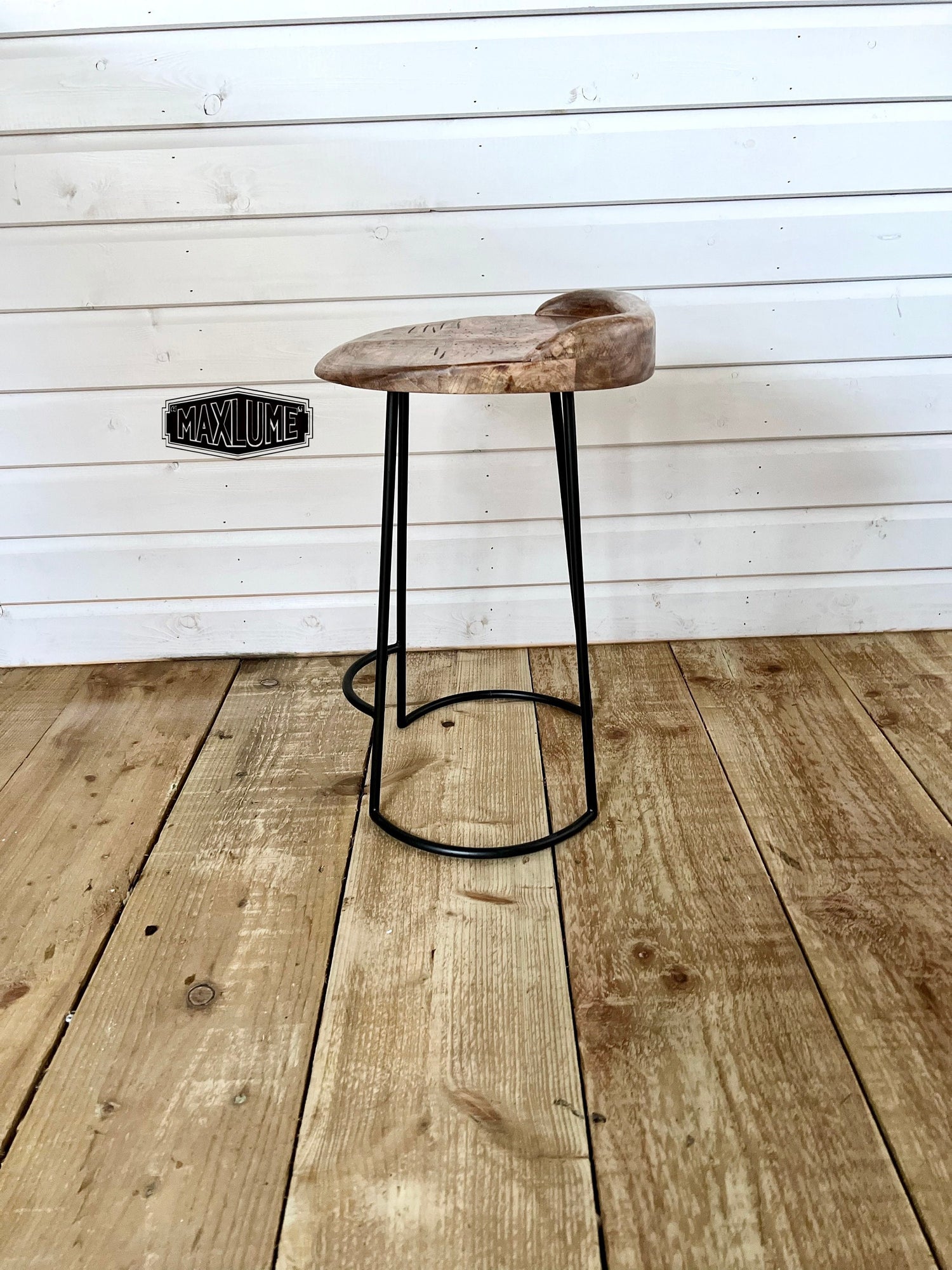 Maxlume ~ Industrial Solid Bar Stool Wood Top | Vintage Style | Solid Cast Metal | Floor Standing