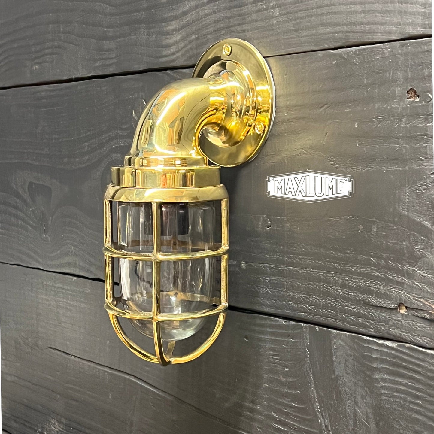 Beachamwell ~ Solid Brass Caged Swan Neck Bulkhead Industrial Wall Light | Bathroom | Outdoor Garden | Vintage