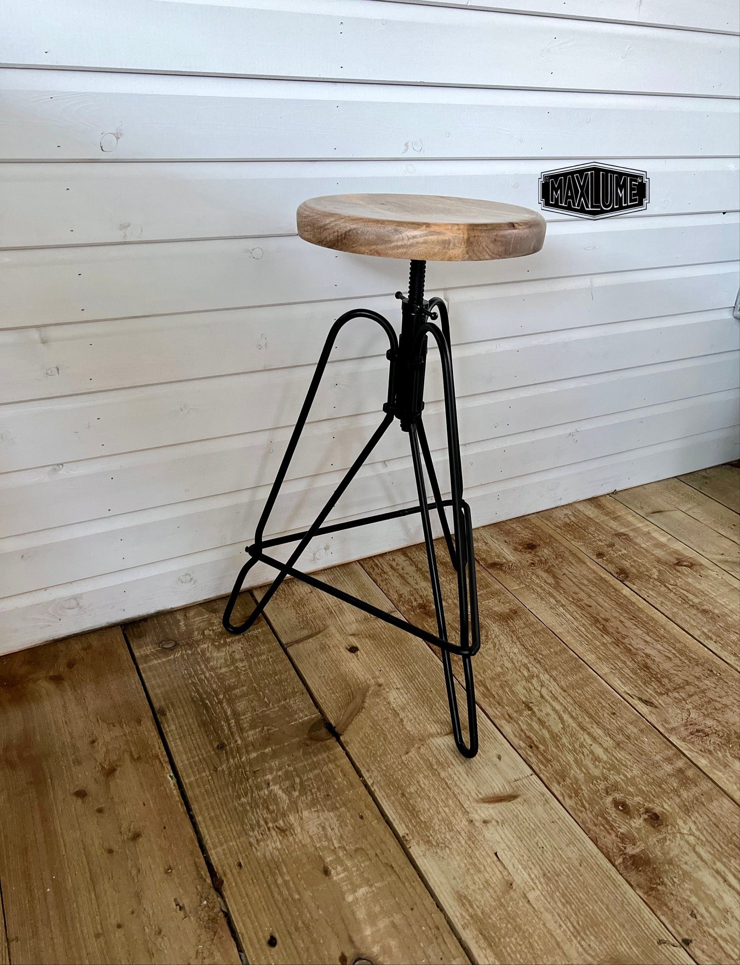 Maxlume ~ Industrial Solid Bar Stool Wood Base | Vintage Style | Solid Steel Metal | Floor Standing