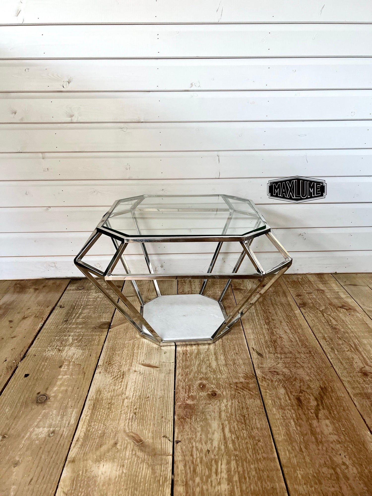 Maxlume ~ Hexagon Side Coffee Table Solid Glass & Marble Industrial | Vintage Style | Plant Floor Stand Sofa End Retro Solid Wood Metal