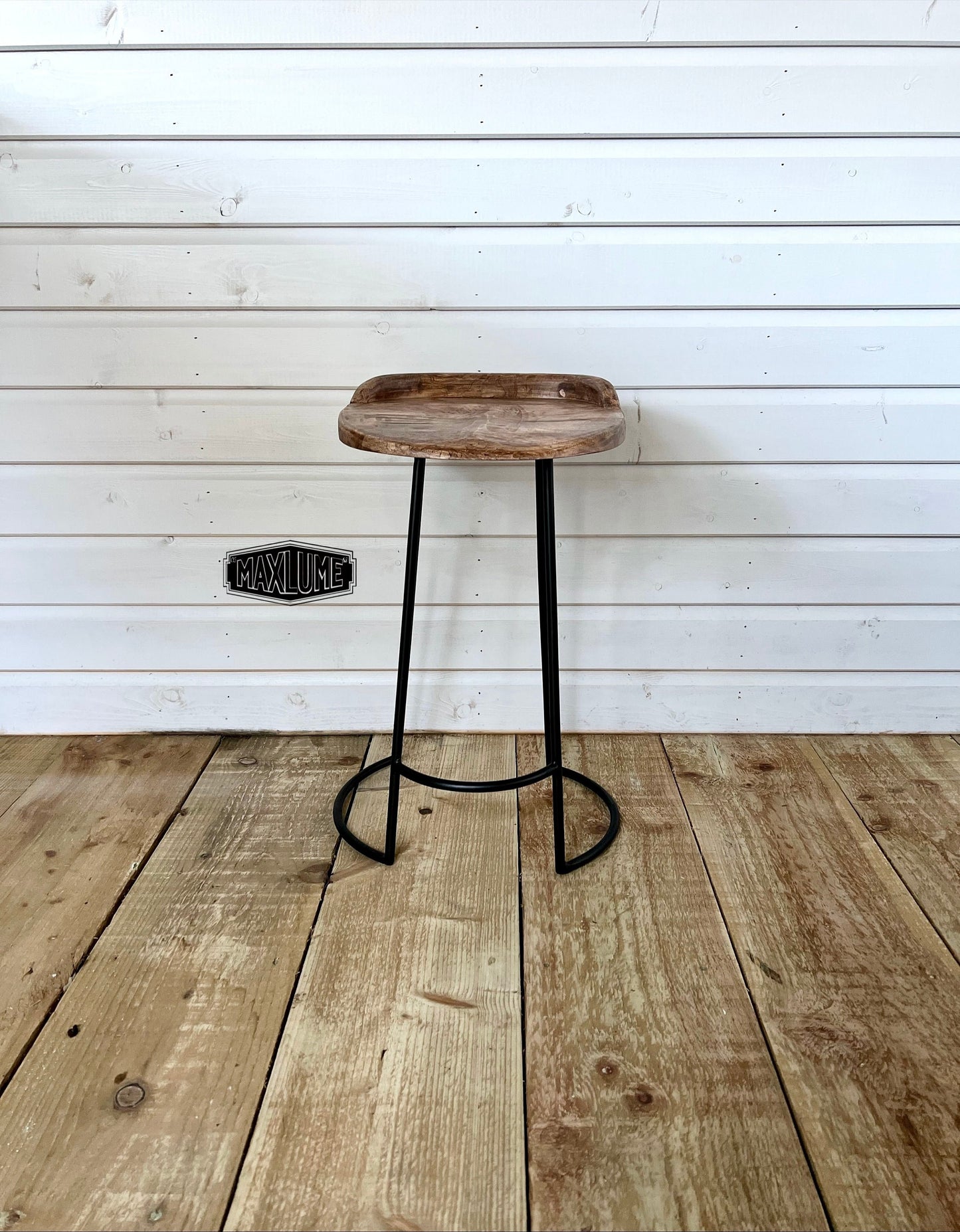 Maxlume ~ Industrial Solid Bar Stool Wood Top | Vintage Style | Solid Cast Metal | Floor Standing