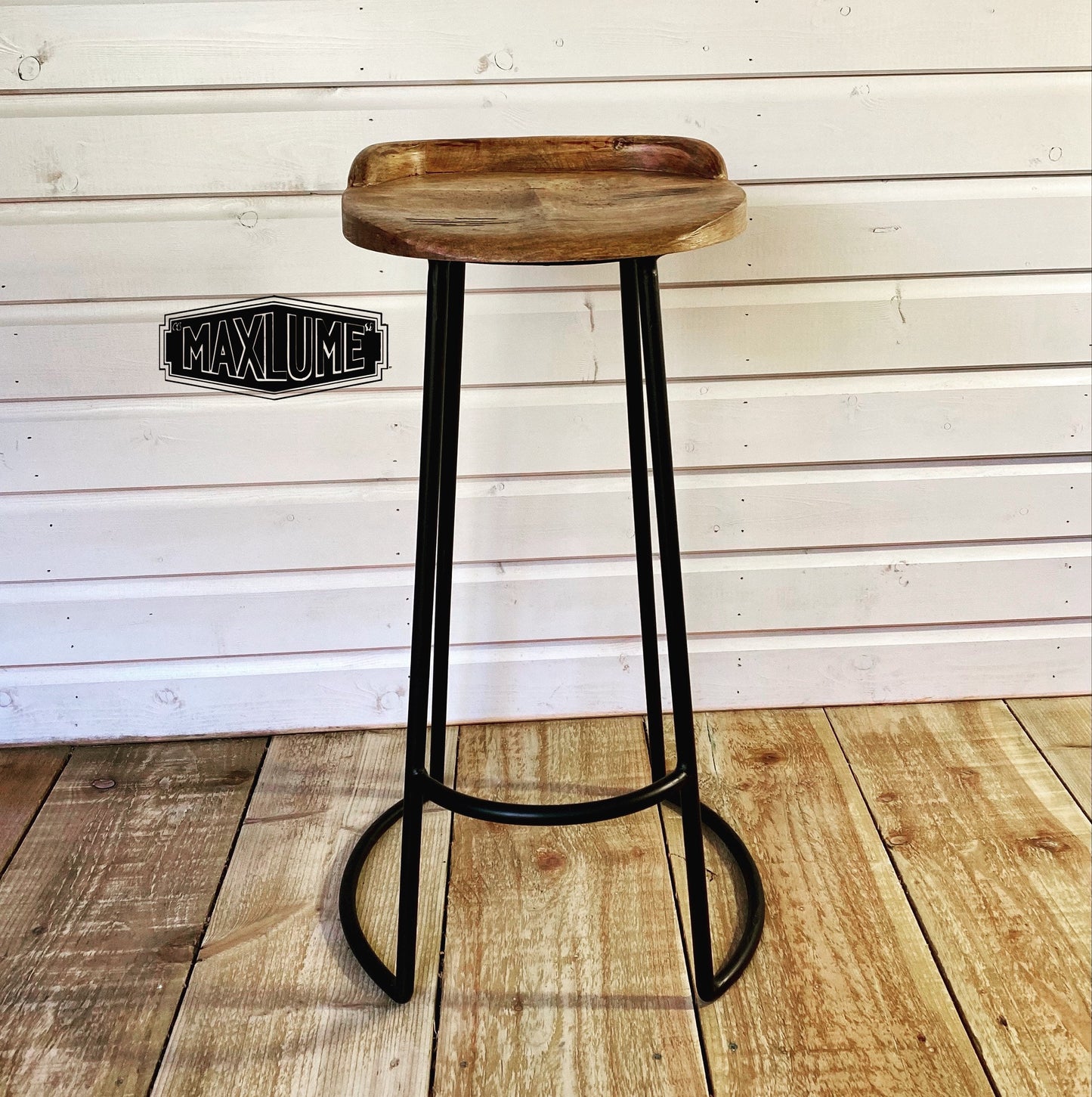 Maxlume ~ Industrial Solid Bar Stool Wood Top | Vintage Style | Solid Cast Metal | Floor Standing