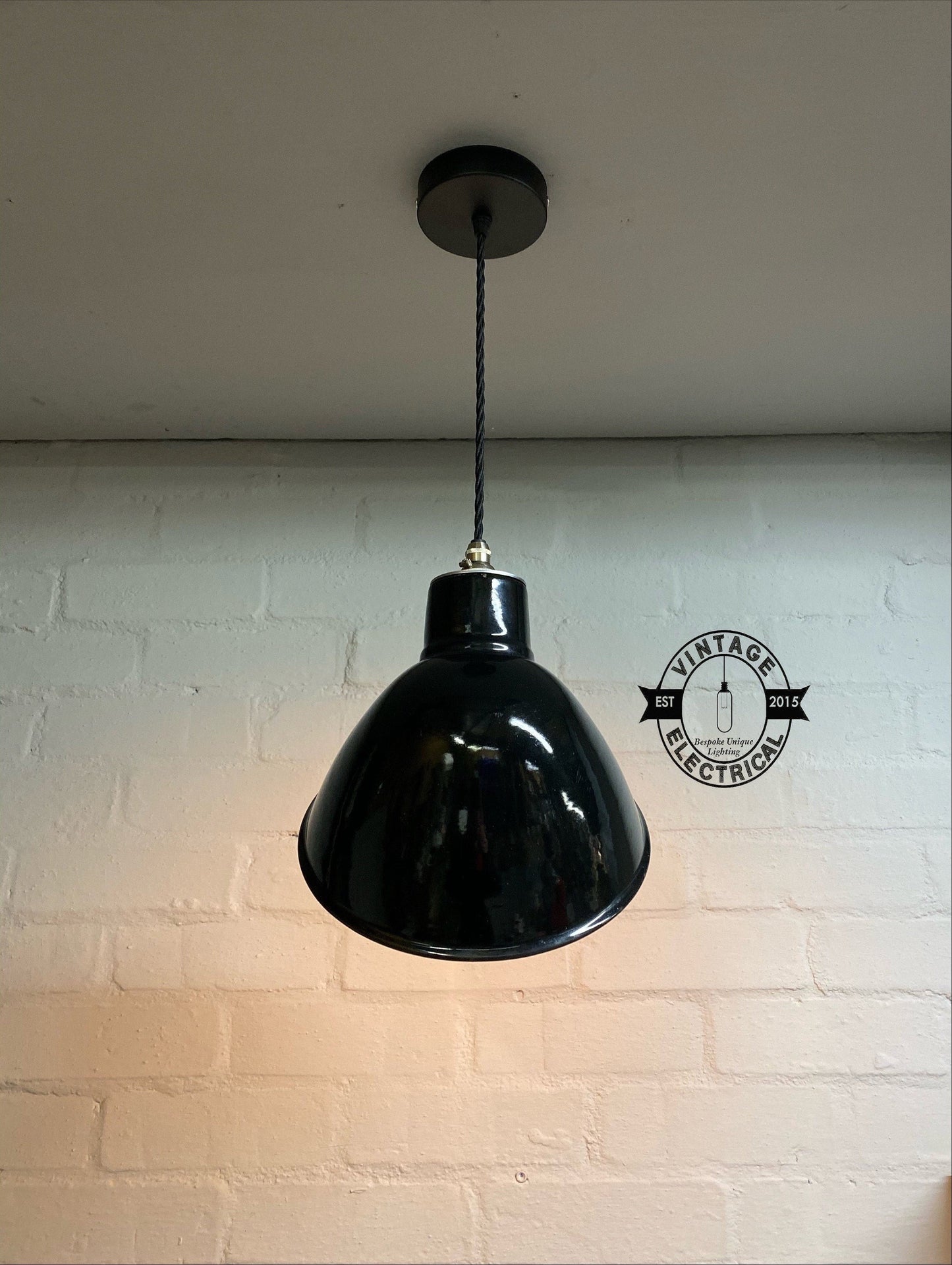 Stratton ~ Midnight Black Parabolic Angled Shade Pendant Set Light | Ceiling Dining Room 1950’s Thorlux Style | Vintage Edison Bulb Lamp