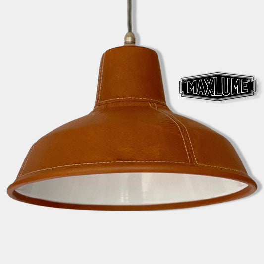 Filby ~ Genuine Tan Leather Stitched Solid Steel Shade Pendant Set Light | Ceiling Dining Room | Kitchen Table | Vintage Filament Bulb