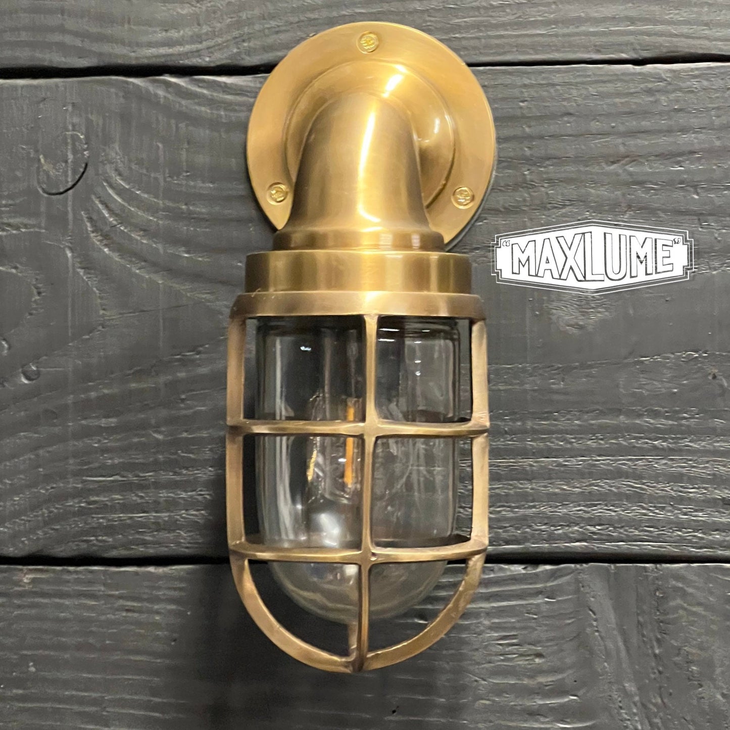 Beachamwell ~ Solid Brass Antique Finish Caged Swan Neck Bulkhead Industrial Wall Light | Bathroom | Outdoor Exterior Garden | Vintage