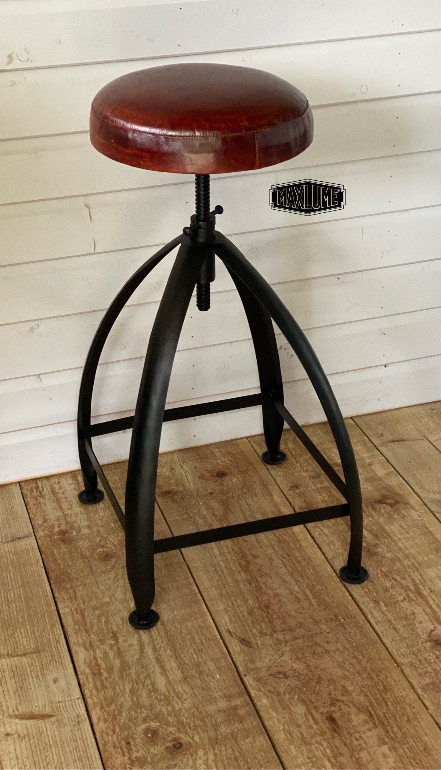 Maxlume ~ Black Industrial Leather Bar Stool | Vintage Style | Solid Cast Metal | Floor Standing