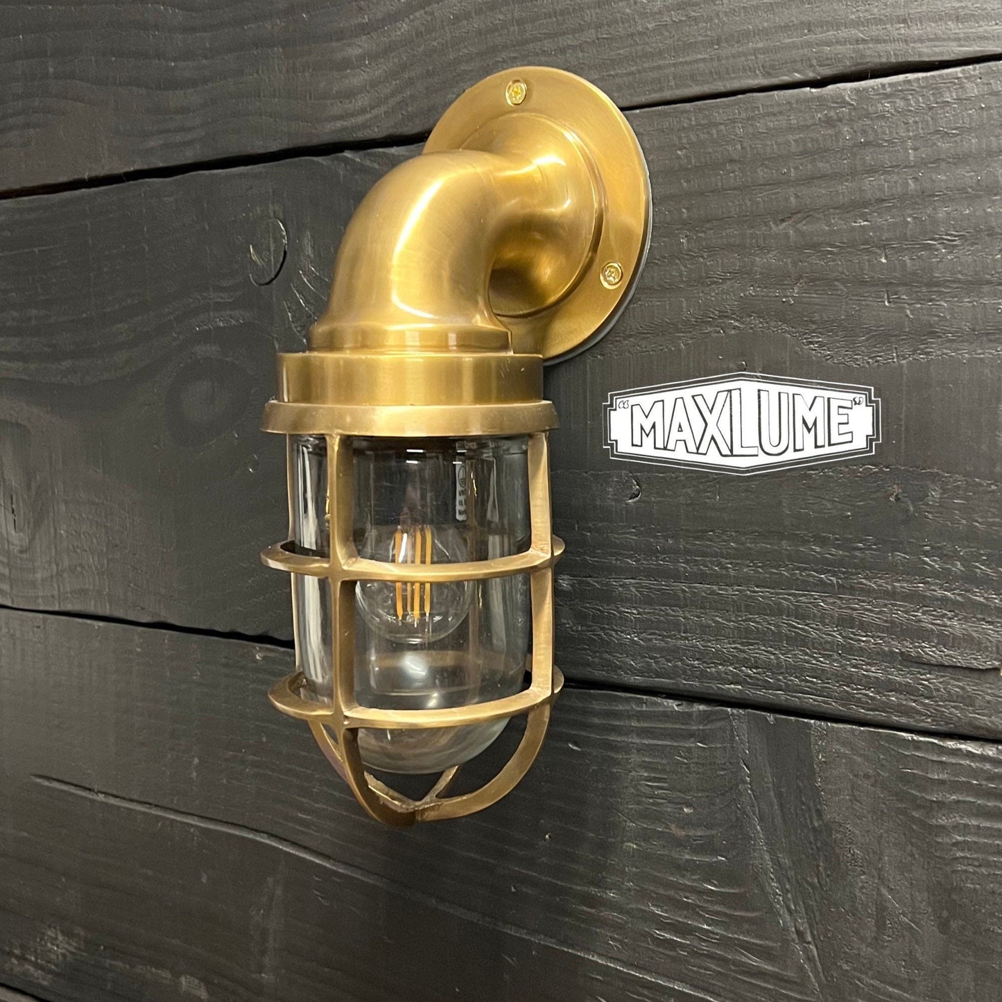 Beachamwell ~ Solid Brass Antique Finish Caged Swan Neck Bulkhead Industrial Wall Light | Bathroom | Outdoor Exterior Garden | Vintage