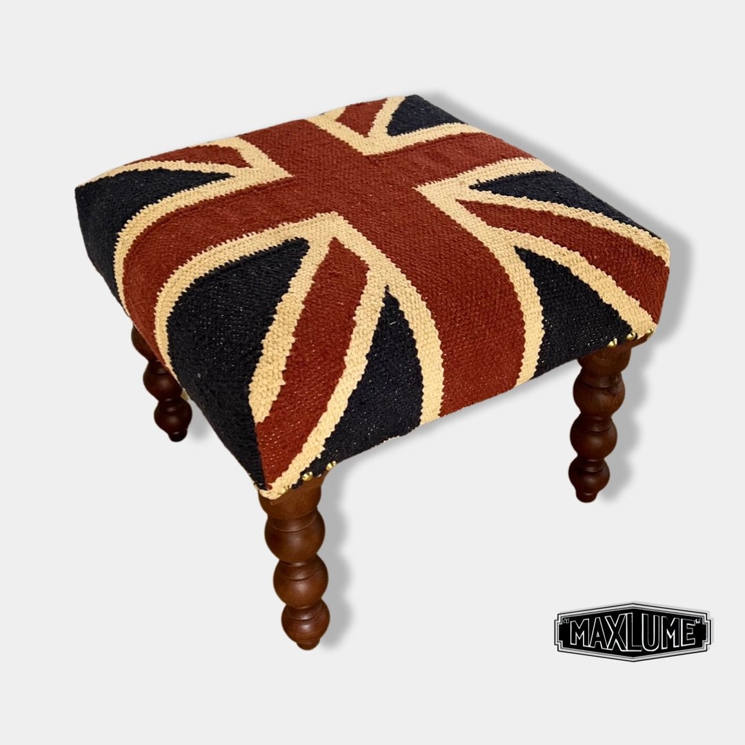 Maxlume ~ Union Jack Flag Bench | Great Britain | Pouf Solid Base | Vintage Style | Floor Standing | Man Cave Stool