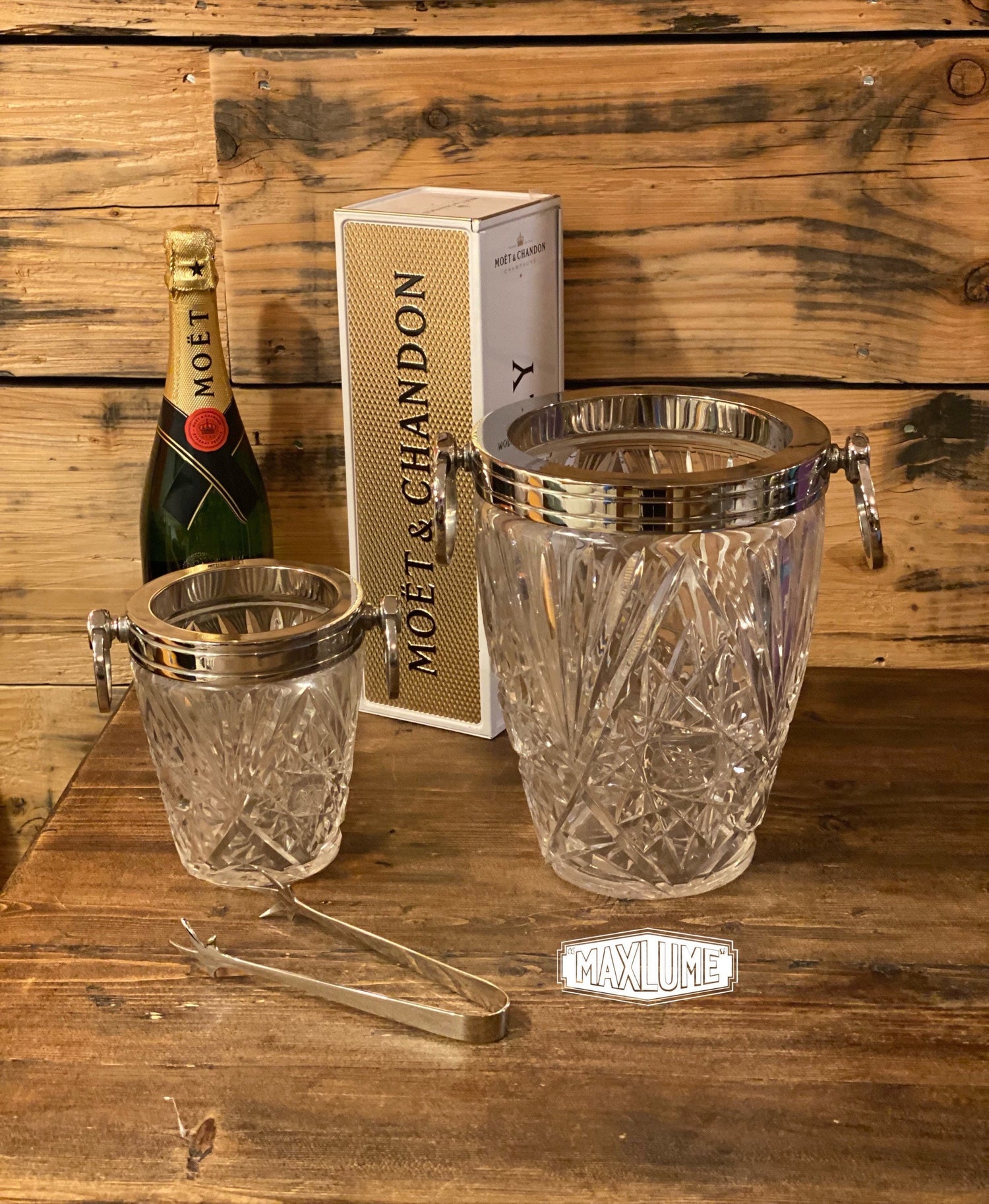 Maxlume ~ Luxury 3 Piece Solid Glass Hand Cut Engraved Wine & Ice Cooler Champagne Glass French Bucket