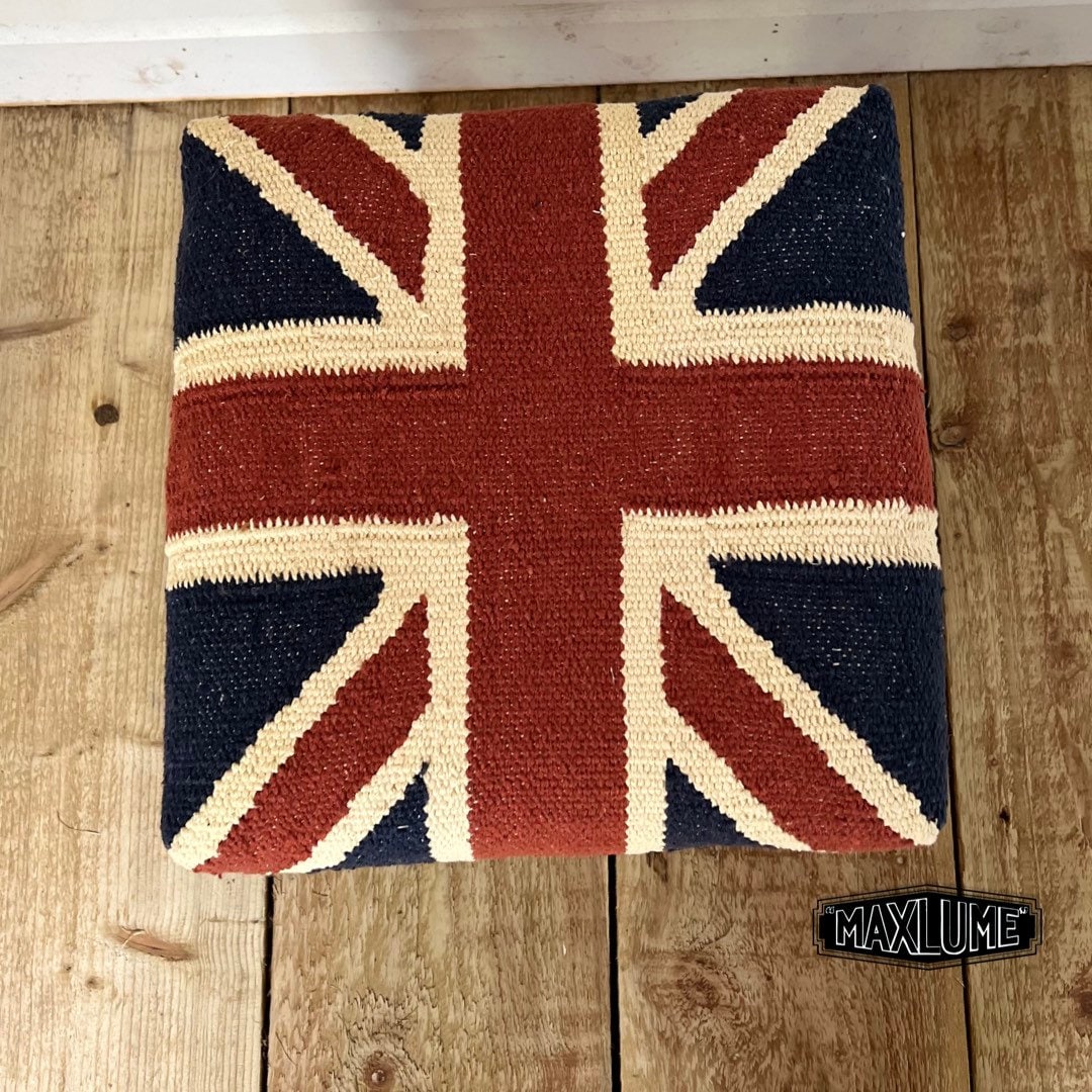 Maxlume ~ Union Jack Flag Bench | Great Britain | Pouf Solid Base | Vintage Style | Floor Standing | Man Cave Stool