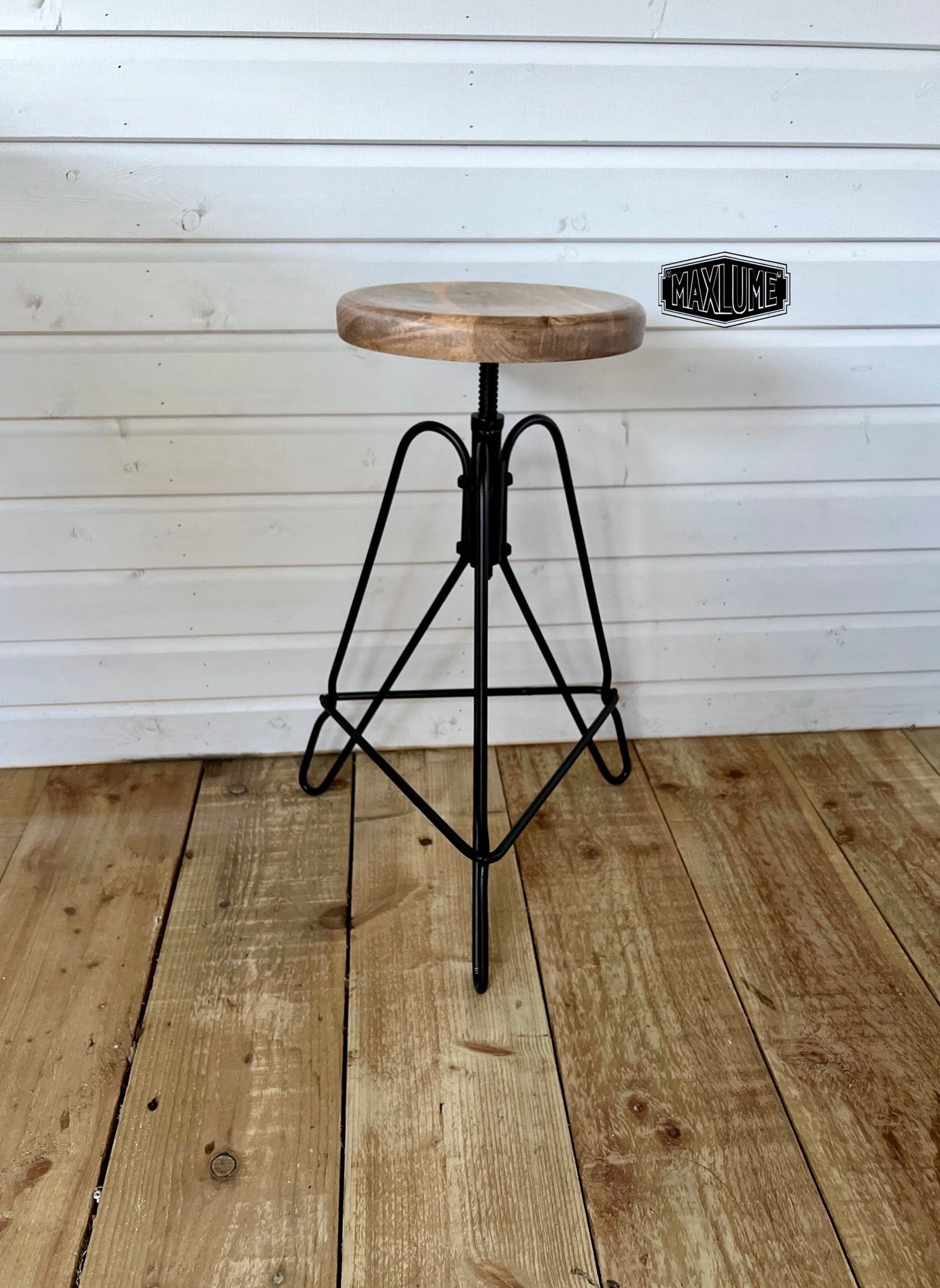 Maxlume ~ Industrial Solid Bar Stool Wood Base | Vintage Style | Solid Steel Metal | Floor Standing