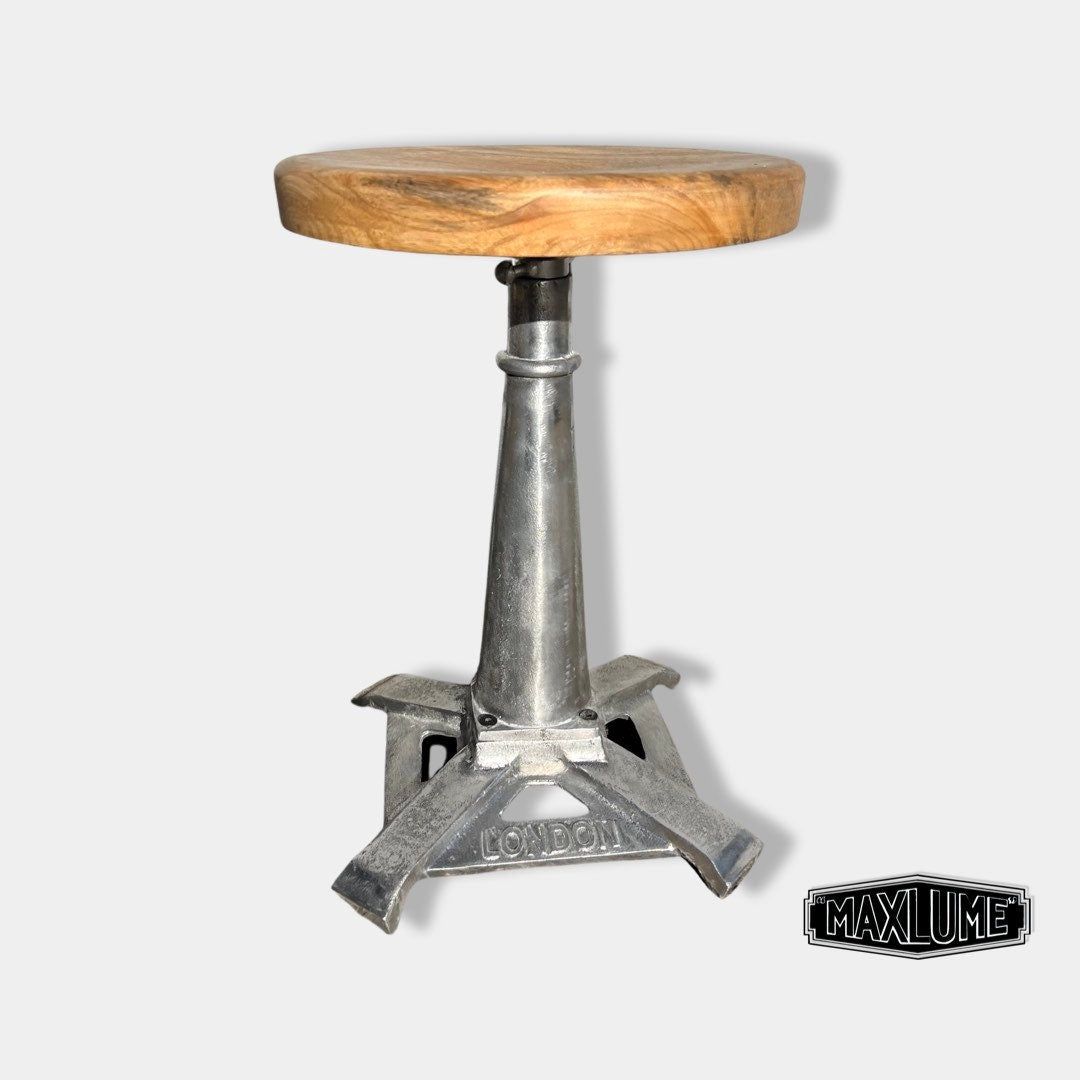 Maxlume ~ London Industrial Solid Bar Stool Wooden Top Seat | Vintage Style | Solid Cast Metal | Floor Standing