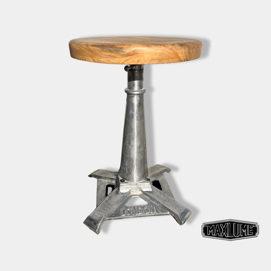 Maxlume ~ London Industrial Solid Bar Stool Wooden Top Seat | Vintage Style | Solid Cast Metal | Floor Standing