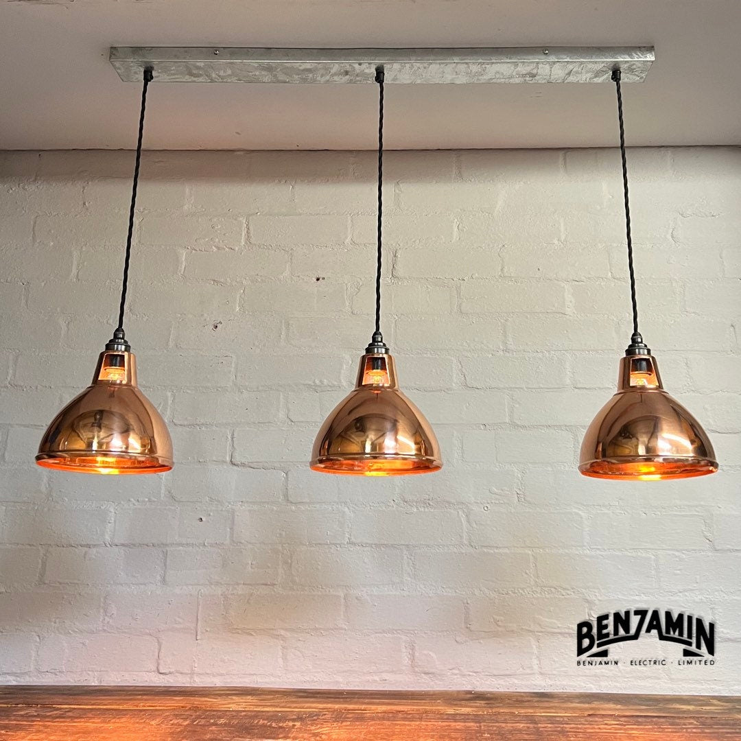 Shropham ~ 3 x Solid Copper Shade Pendant Wire Set Galvanised Track | 8 Inch Dome Light | Dining Room | Kitchen Table | Vintage