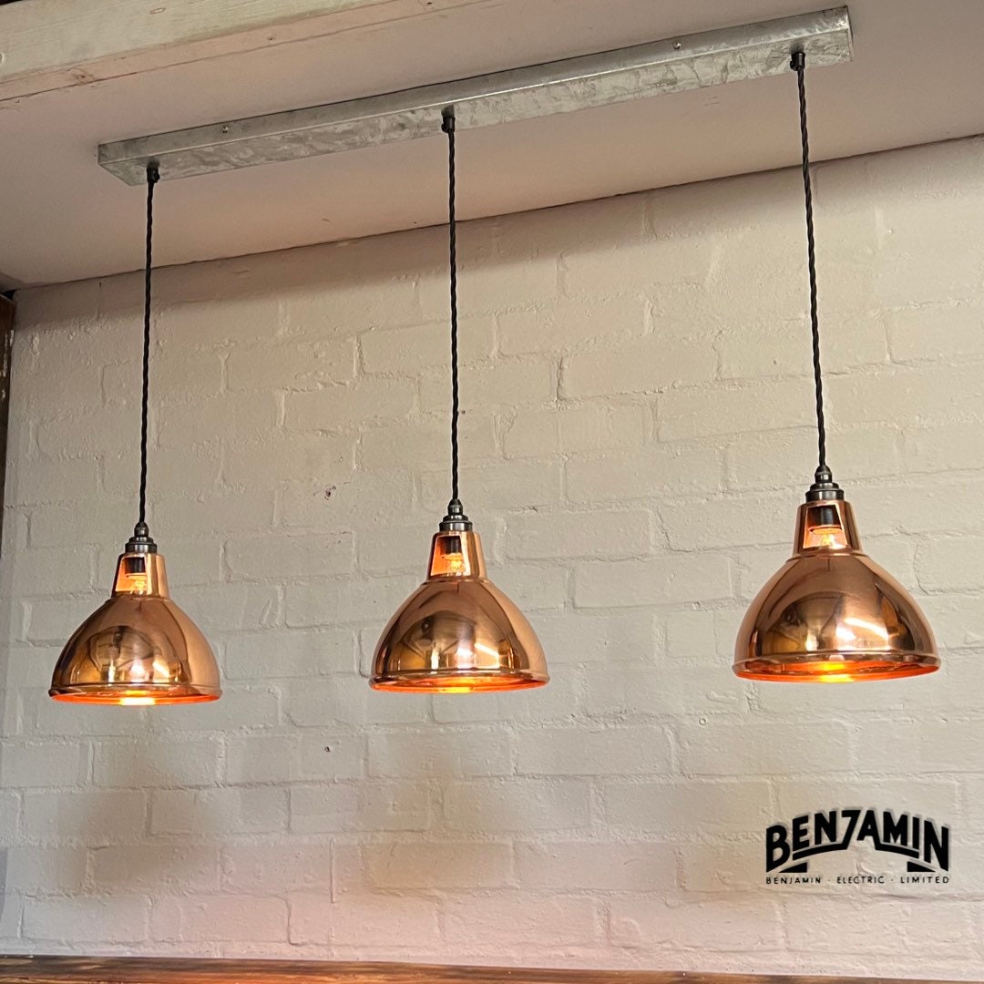 Shropham ~ 3 x Solid Copper Shade Pendant Wire Set Galvanised Track | 8 Inch Dome Light | Dining Room | Kitchen Table | Vintage