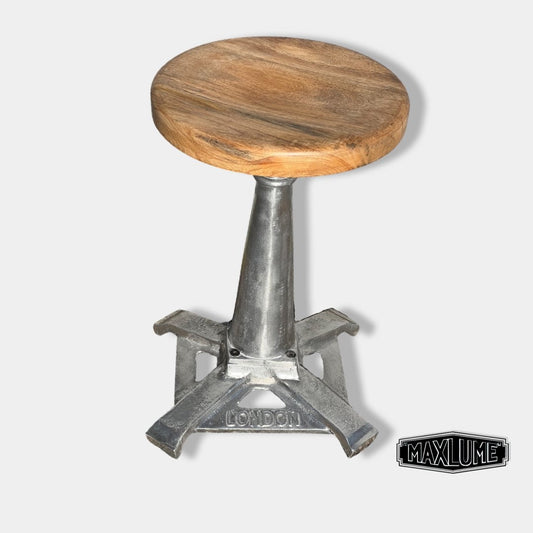 Maxlume ~ London Industrial Solid Bar Stool Wooden Top Seat | Vintage Style | Solid Cast Metal | Floor Standing