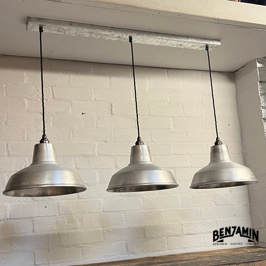 Filby ~ 3 x Solid Cast Shade RLM 1921 Design Pendant Set Galvanised Track Light | Dining Room | Kitchen Table | Vintage