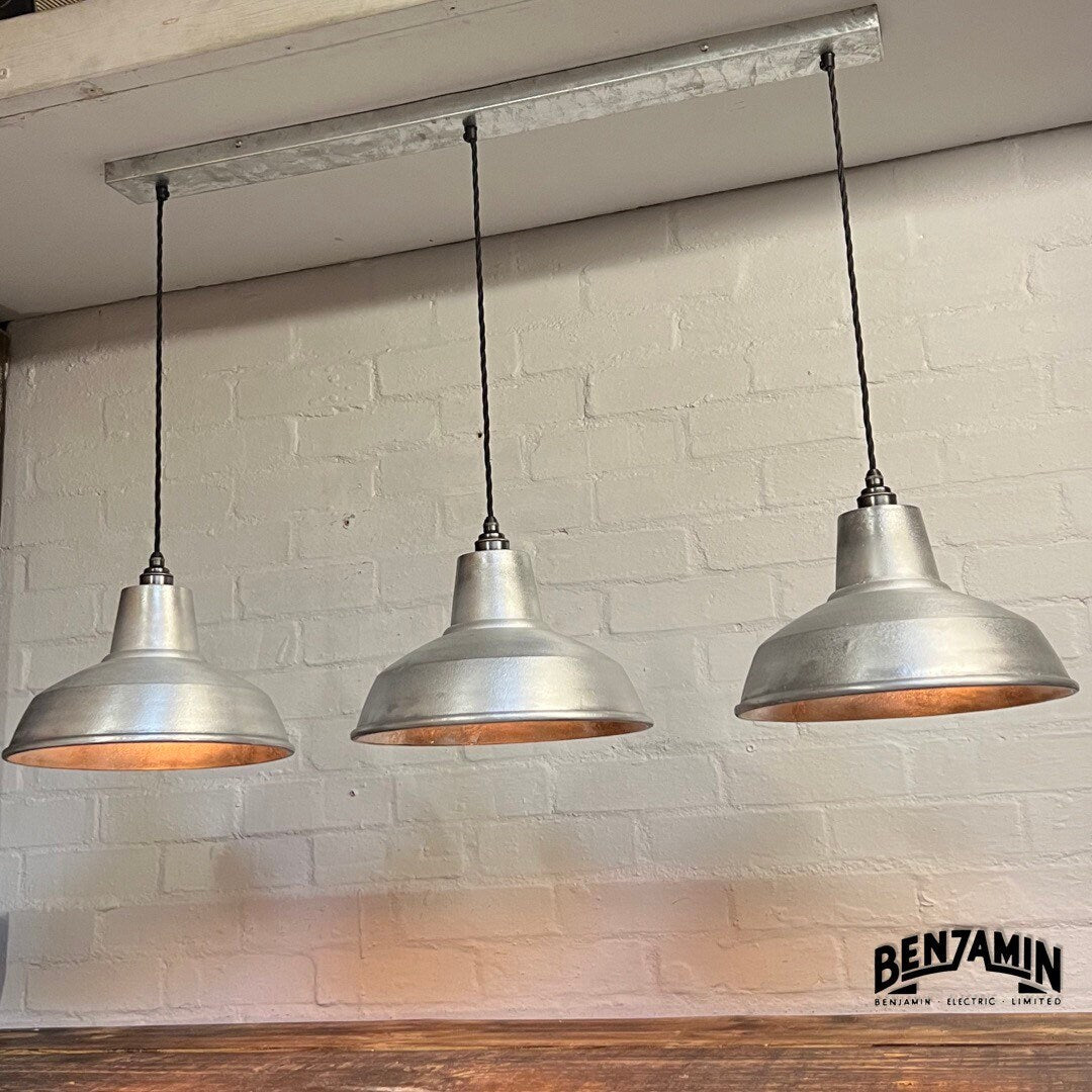 Filby ~ 3 x Solid Cast Shade RLM 1921 Design Pendant Set Galvanised Track Light | Dining Room | Kitchen Table | Vintage