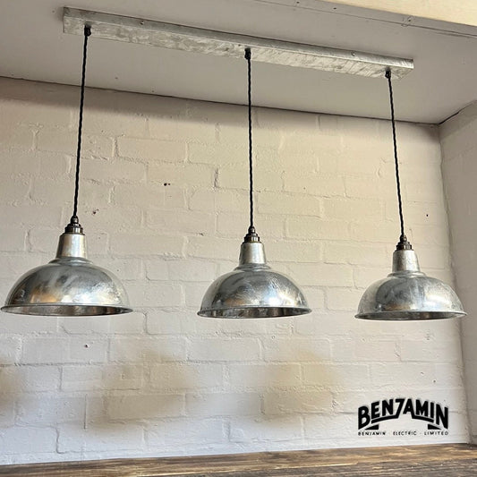 Salthouse ~ 3 x Galvanised Shade Design Pendant Set Track Light | Dining Room | Kitchen Table | Vintage