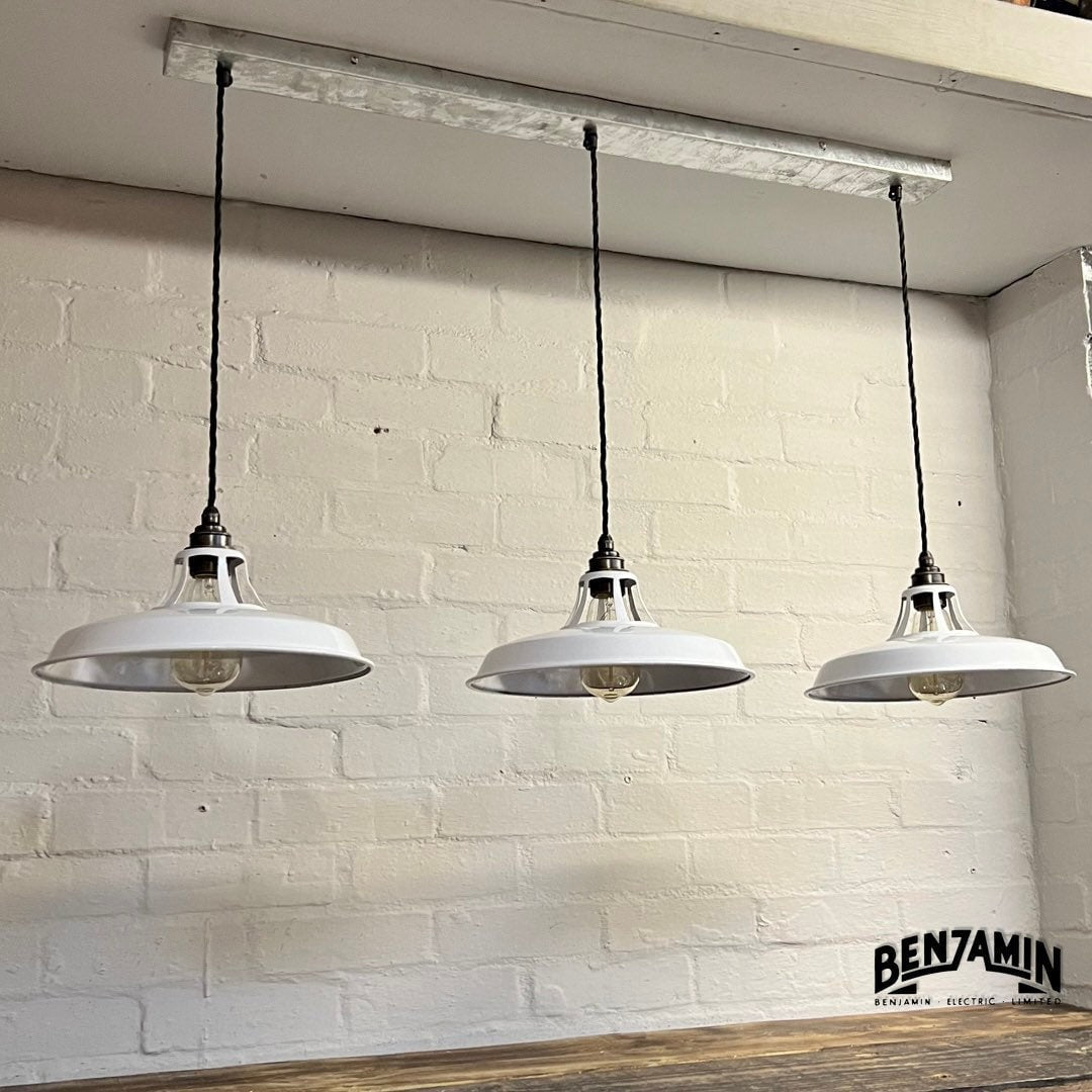 Bramerton ~ 3 x Original White Shade Benflux 1926 Design Pendant Set Galvanised Cluster Track Light | Dining Room | Kitchen Table | Vintage