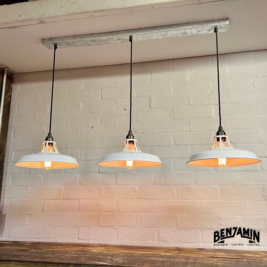 Bramerton ~ 3 x Original White Shade Benflux 1926 Design Pendant Set Galvanised Cluster Track Light | Dining Room | Kitchen Table | Vintage