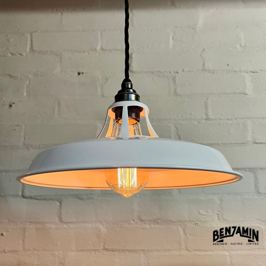 Bramerton ~ 3 x Original White Shade Benflux 1926 Design Pendant Set Galvanised Cluster Track Light | Dining Room | Kitchen Table | Vintage