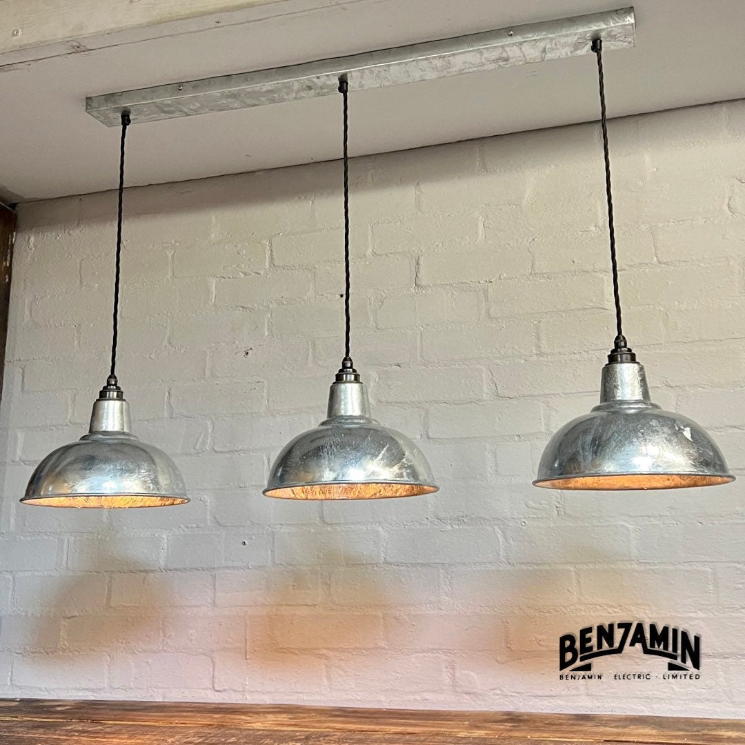 Salthouse ~ 3 x Galvanised Shade Design Pendant Set Track Light | Dining Room | Kitchen Table | Vintage