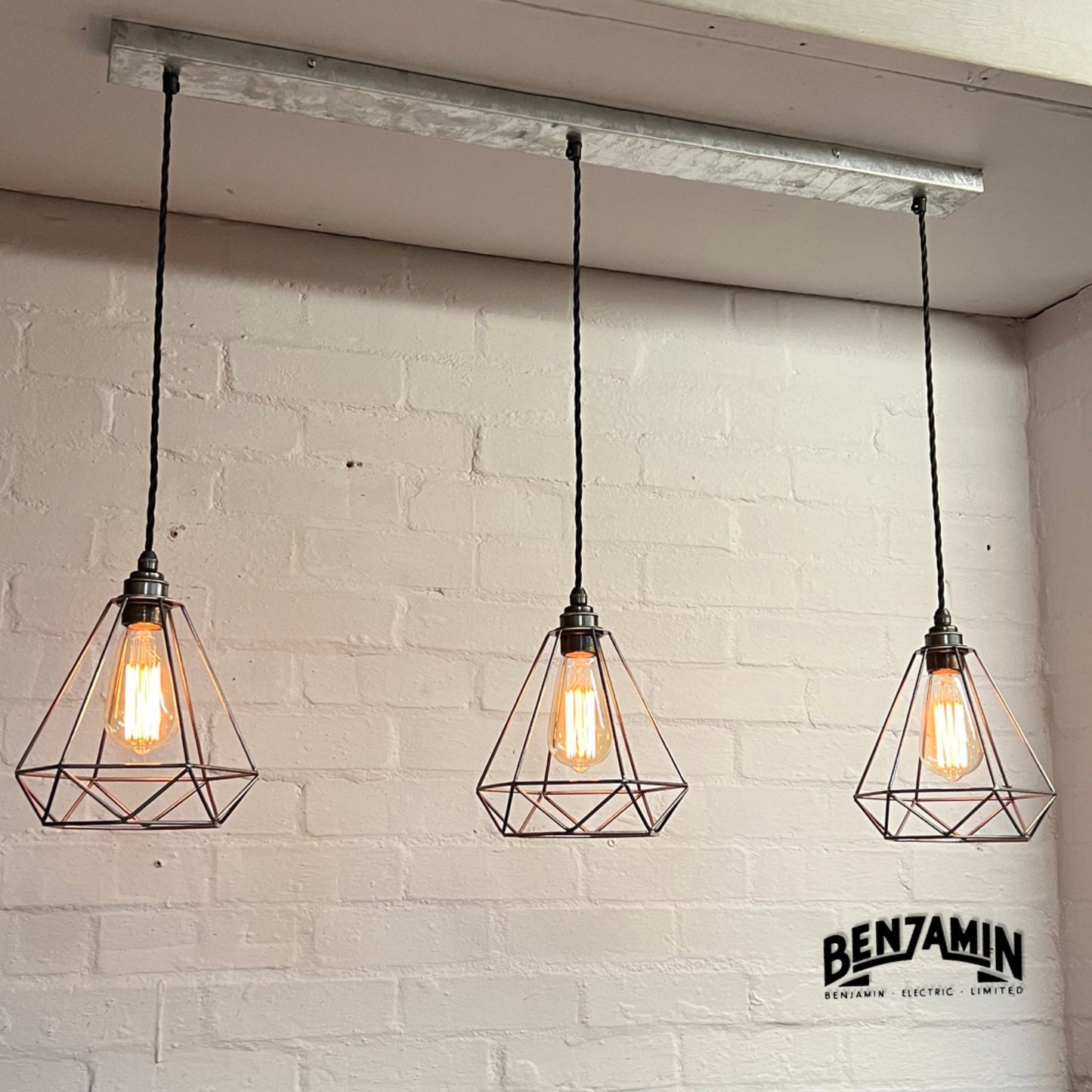 Blakeney ~ 3 x Raw Steel Diamond Cage Pendant Set Track Cluster Light | Dining Room | Kitchen Table | Vintage