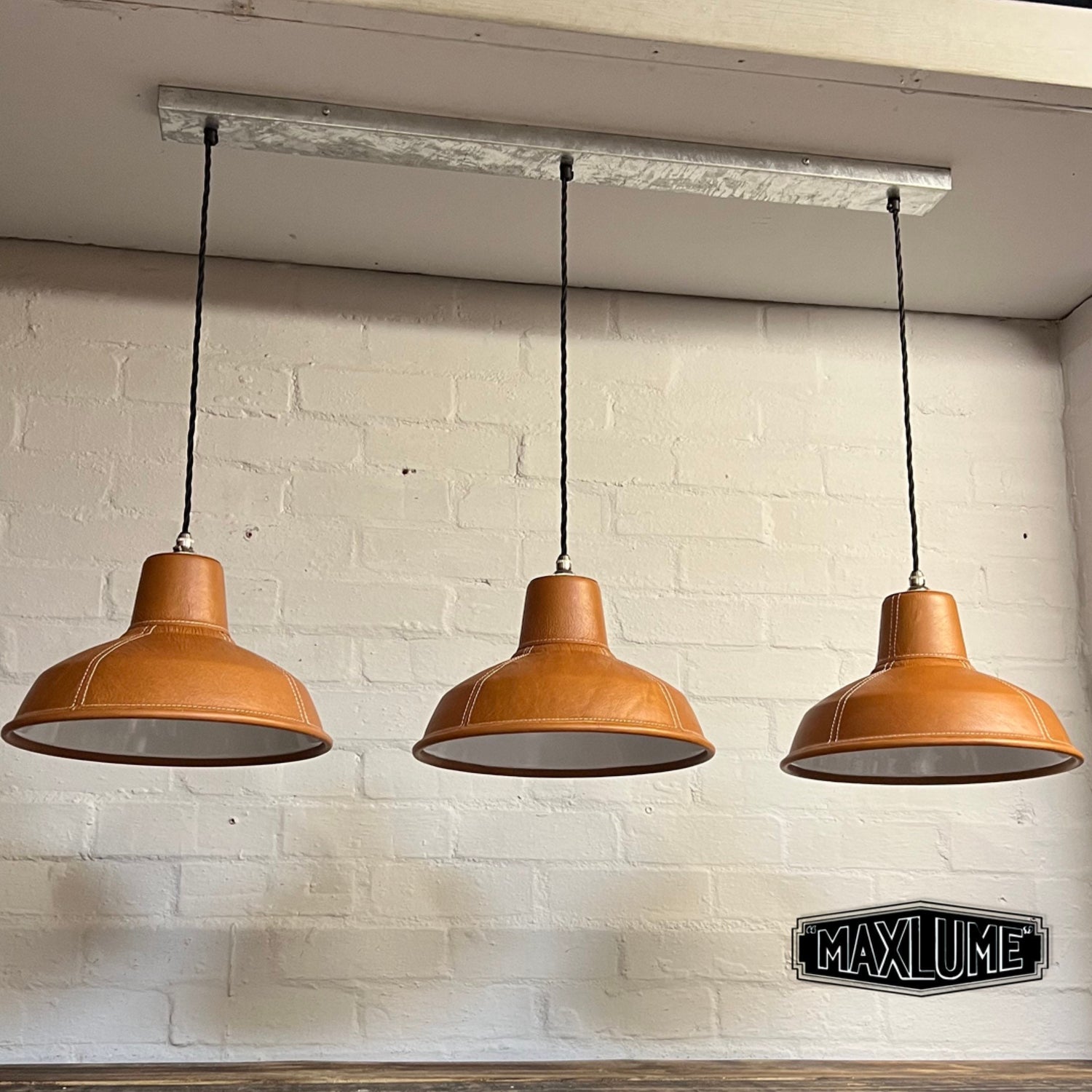 Filby ~ 3 x Tan Leather Shade RLM 1921 Design Pendant Set Galvanised Track Light | Dining Room | Kitchen Table | Vintage