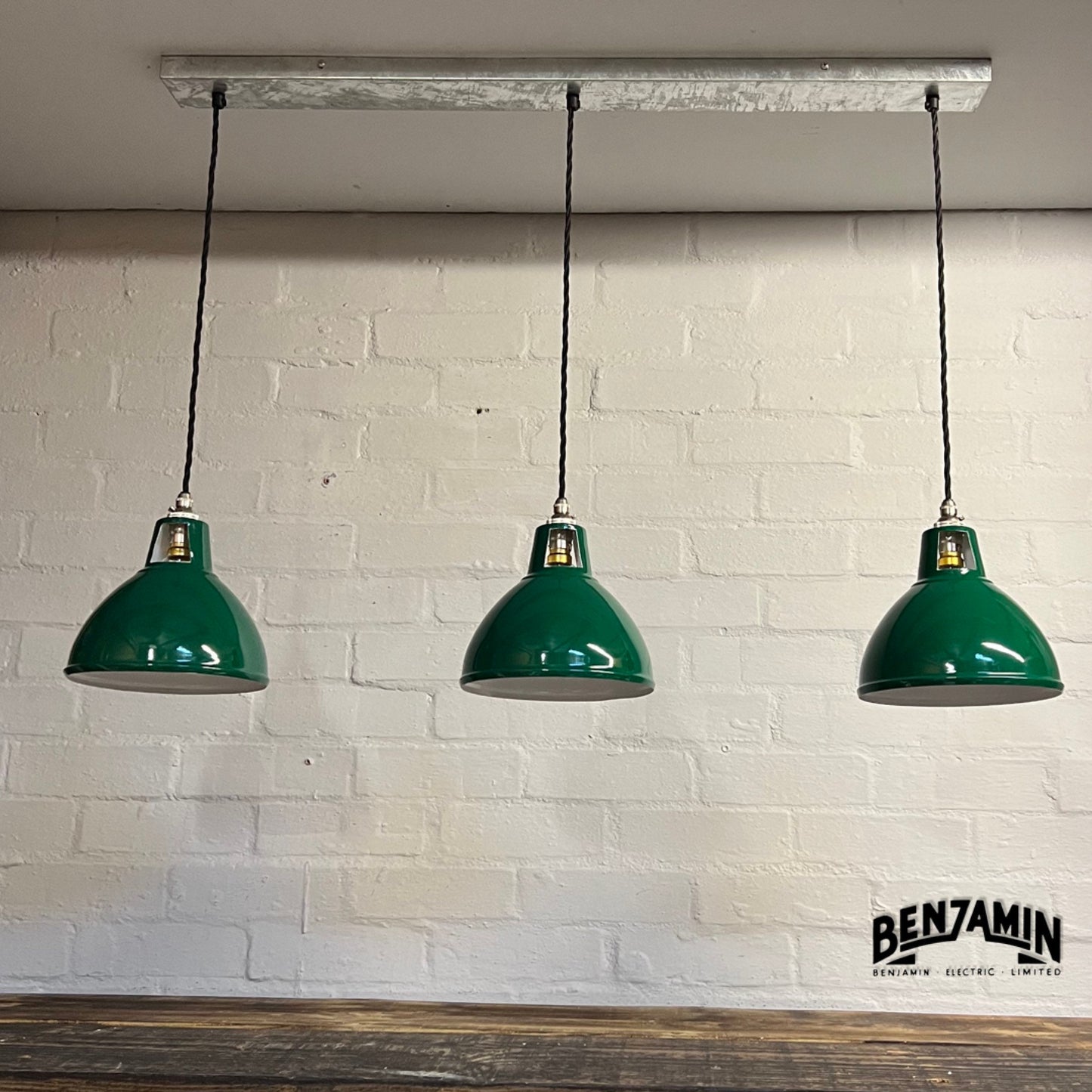 Shropham ~ 3 x Original Green Shade Design Pendant Wire Set Galvanised Track | 8 Inch Vintage Dome Light | Dining Room | Kitchen Table