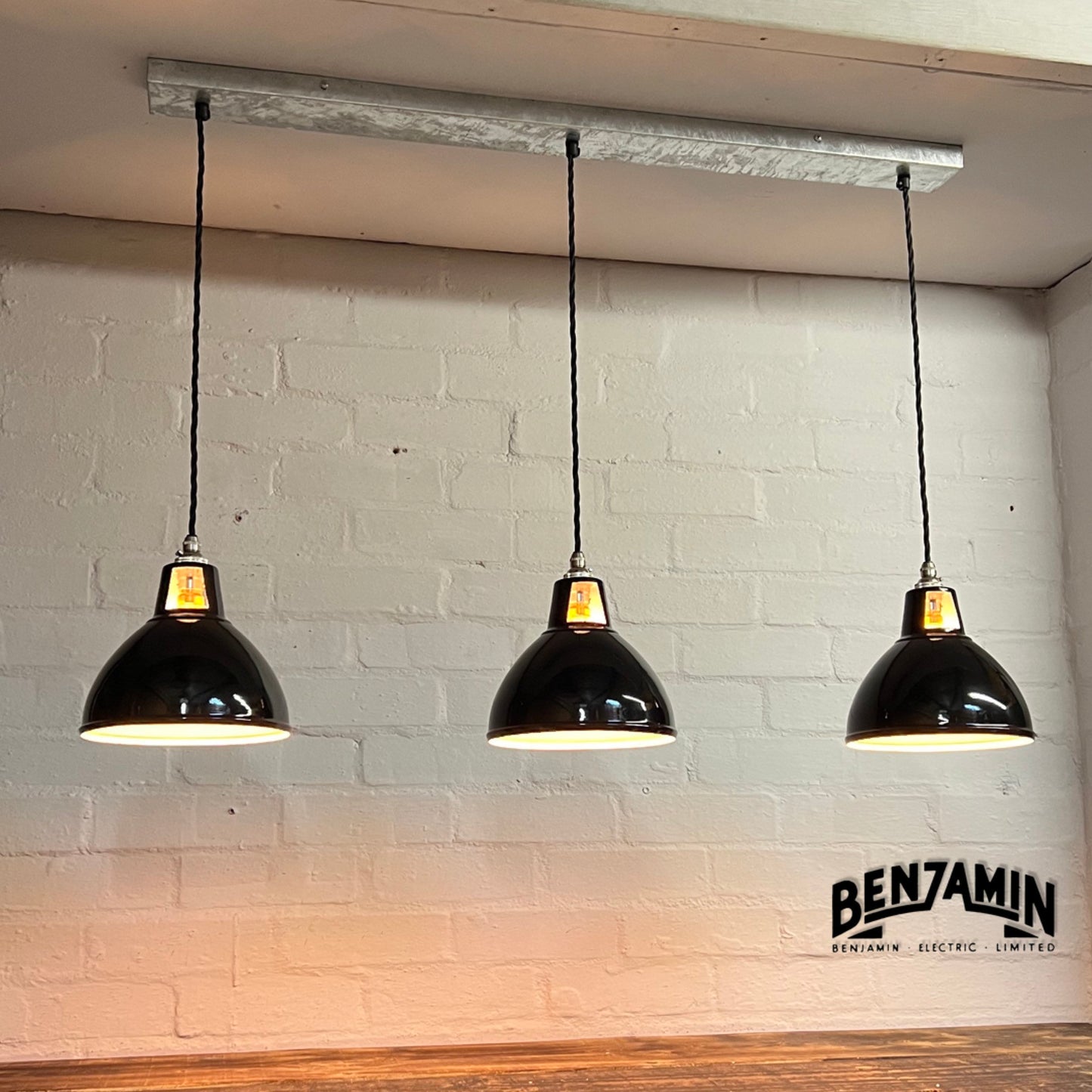 Shropham ~ 3 x Jet Black Shade Design Pendant Wire Set Galvanised Track | 8 Inch Vintage Dome Light | Dining Room | Kitchen Table